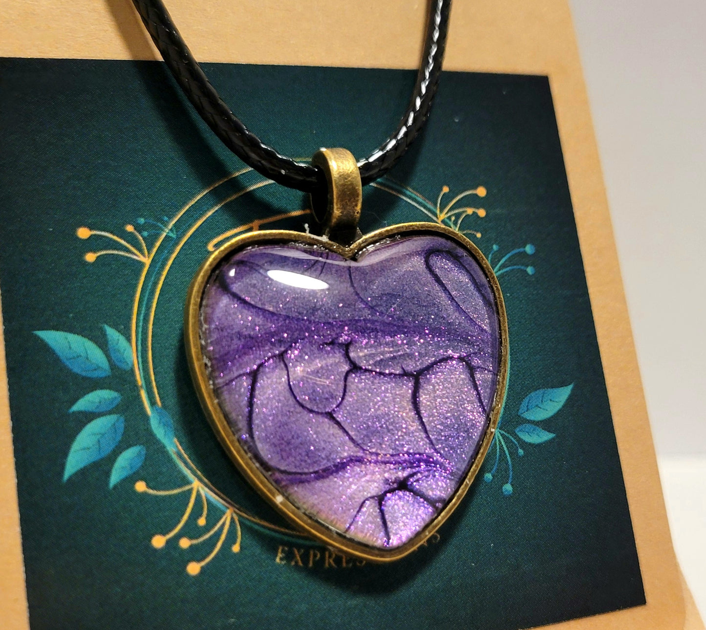 Handmade Fluid Art Heart Pendant with Braided Wax Leather Rope Necklace