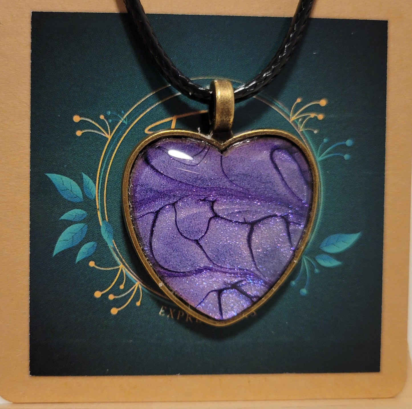 Handmade Fluid Art Heart Pendant with Braided Wax Leather Rope Necklace