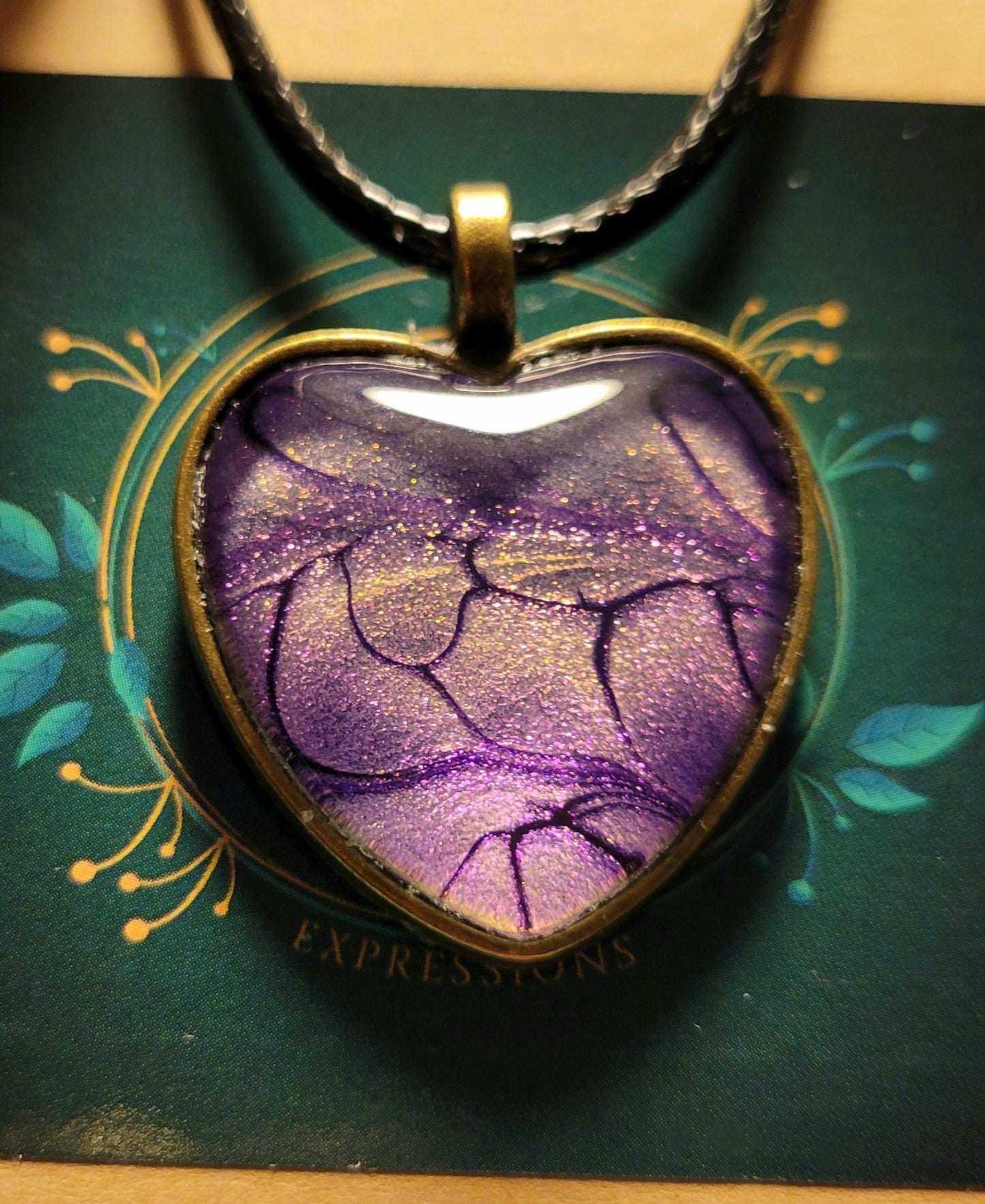 Handmade Fluid Art Heart Pendant with Braided Wax Leather Rope Necklace