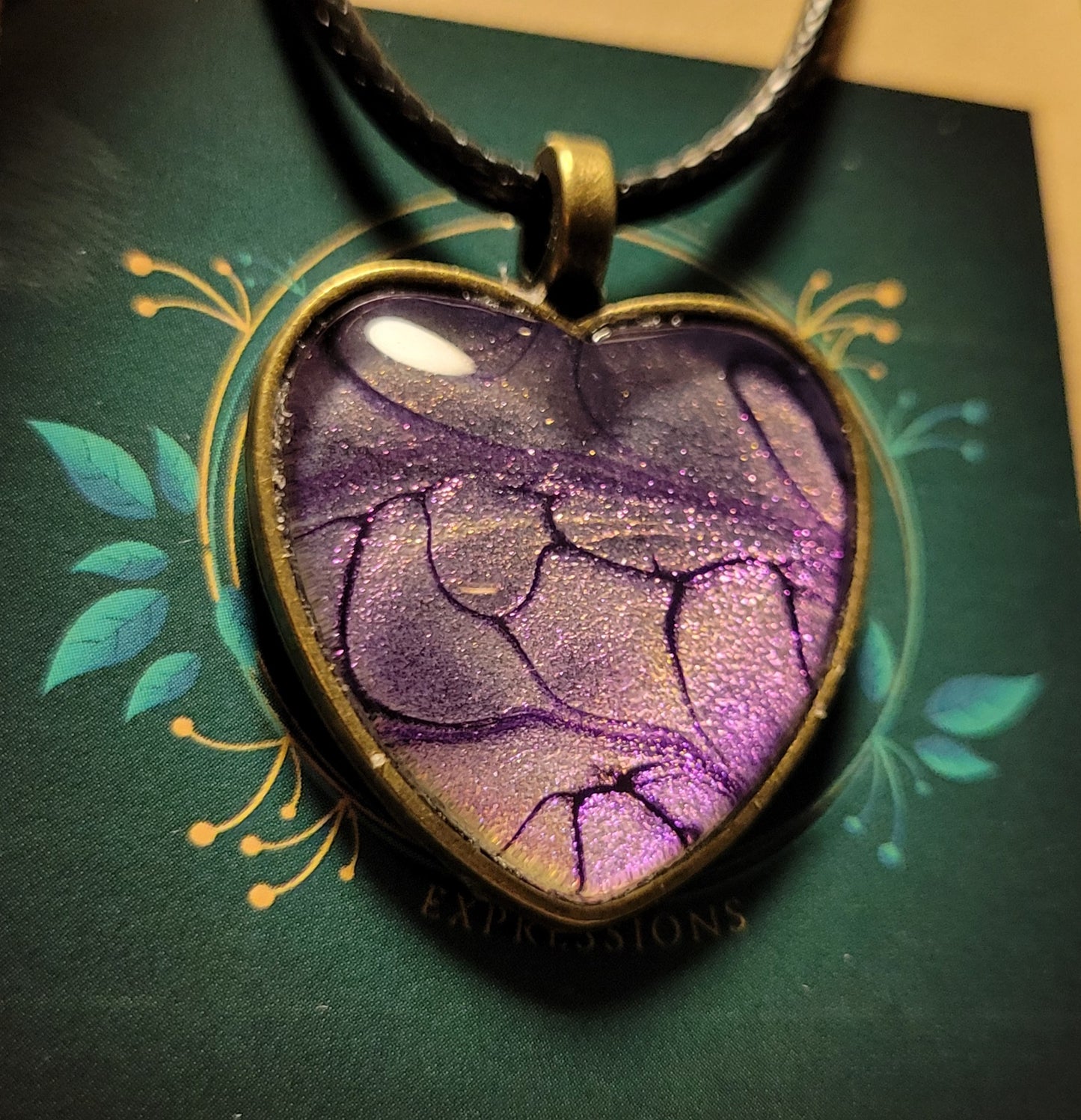 Handmade Fluid Art Heart Pendant with Braided Wax Leather Rope Necklace