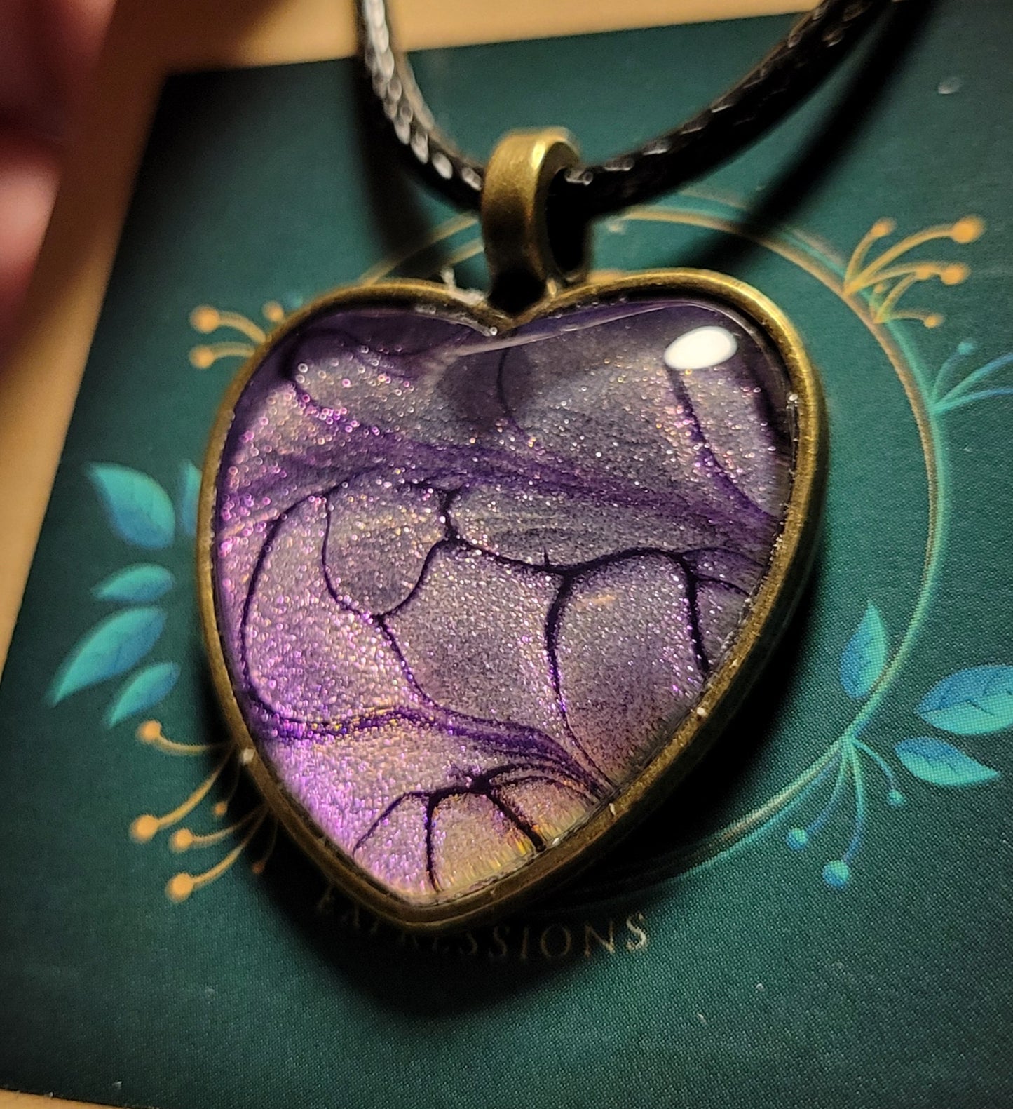 Handmade Fluid Art Heart Pendant with Braided Wax Leather Rope Necklace