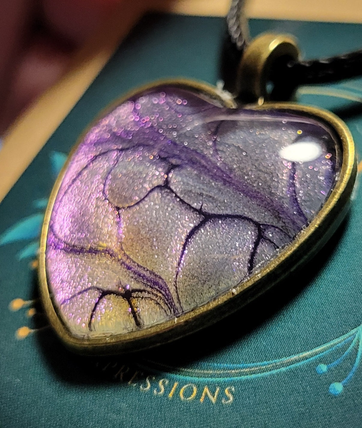 Handmade Fluid Art Heart Pendant with Braided Wax Leather Rope Necklace