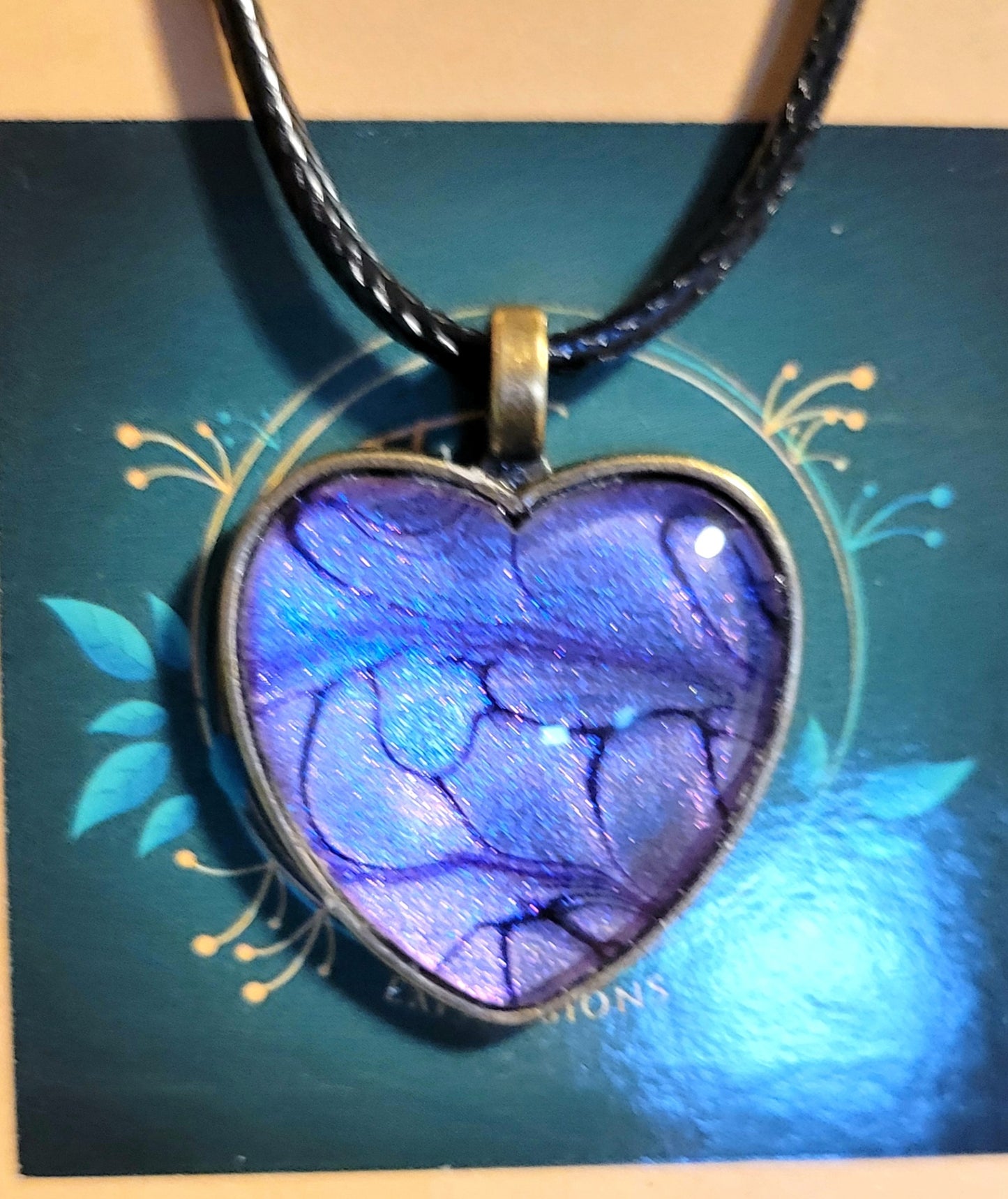 Handmade Fluid Art Heart Pendant with Braided Wax Leather Rope Necklace