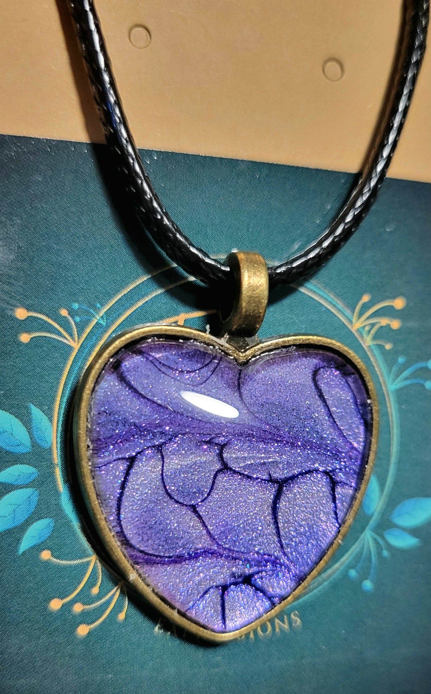 Handmade Fluid Art Heart Pendant with Braided Wax Leather Rope Necklace