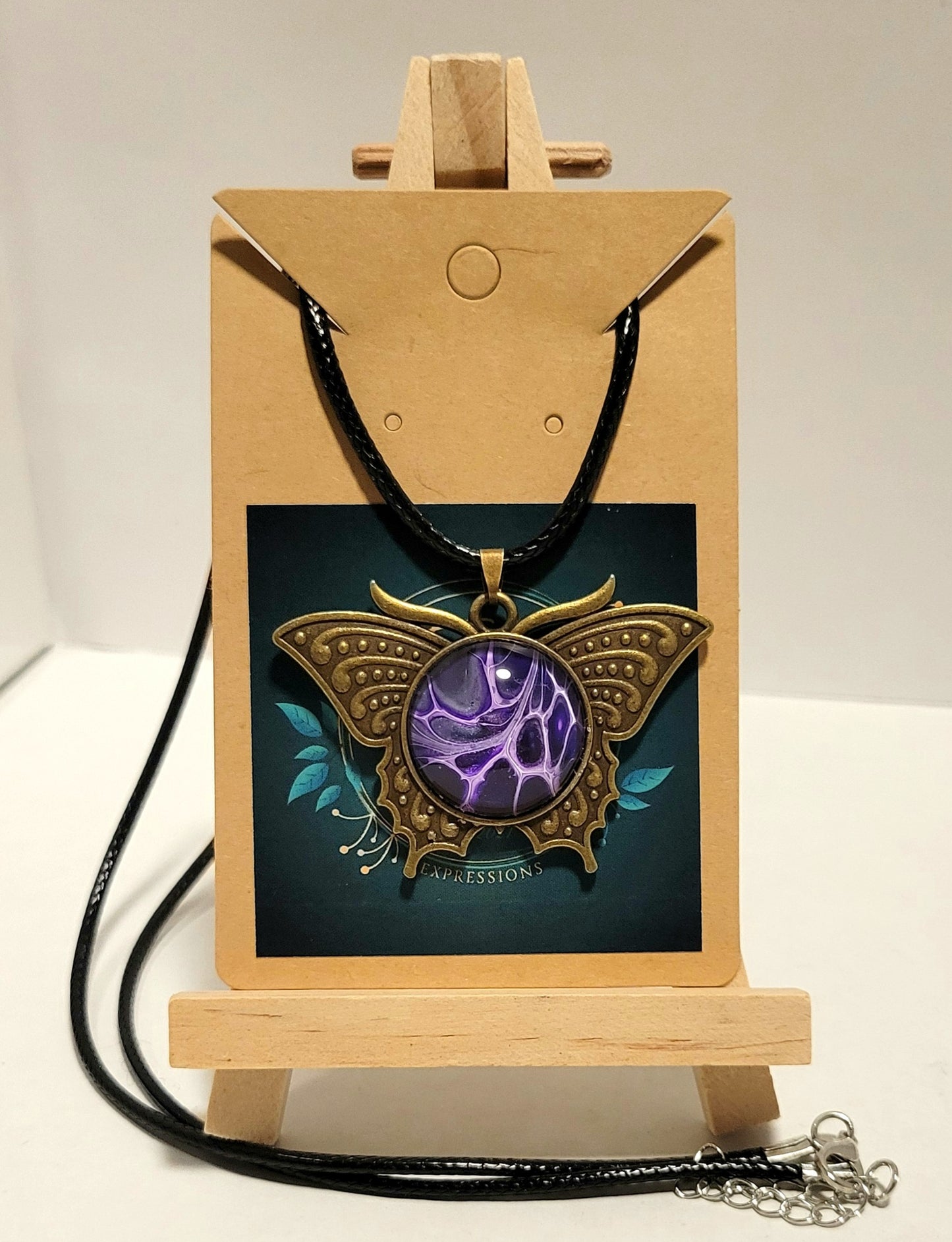 Handmade Fluid Art Butterfly Pendant With Black Leather Rope Necklace