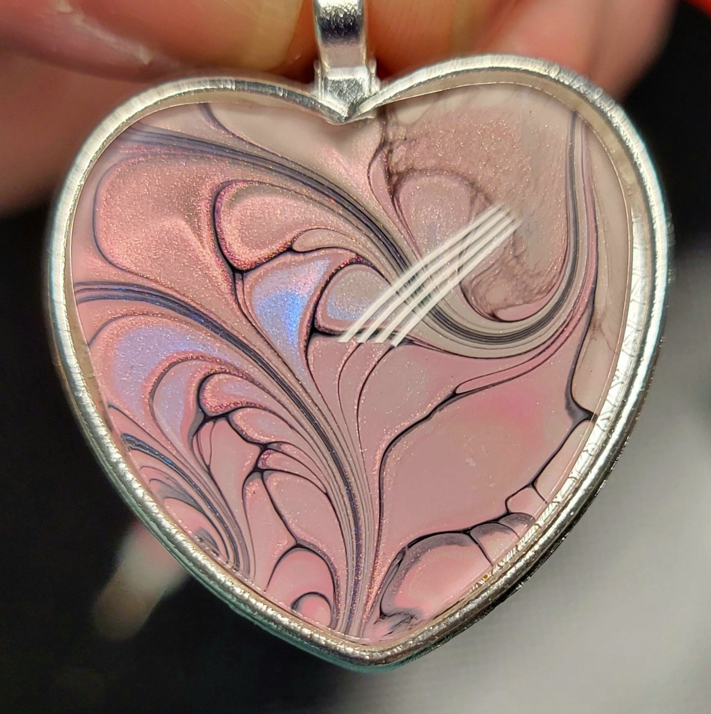 Handmade Fluid Art Heart Pendant with 20 inch Silver chain