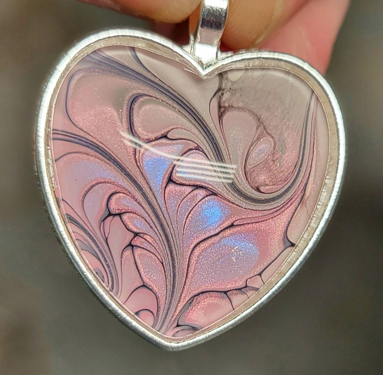 Handmade Fluid Art Heart Pendant with 20 inch Silver chain