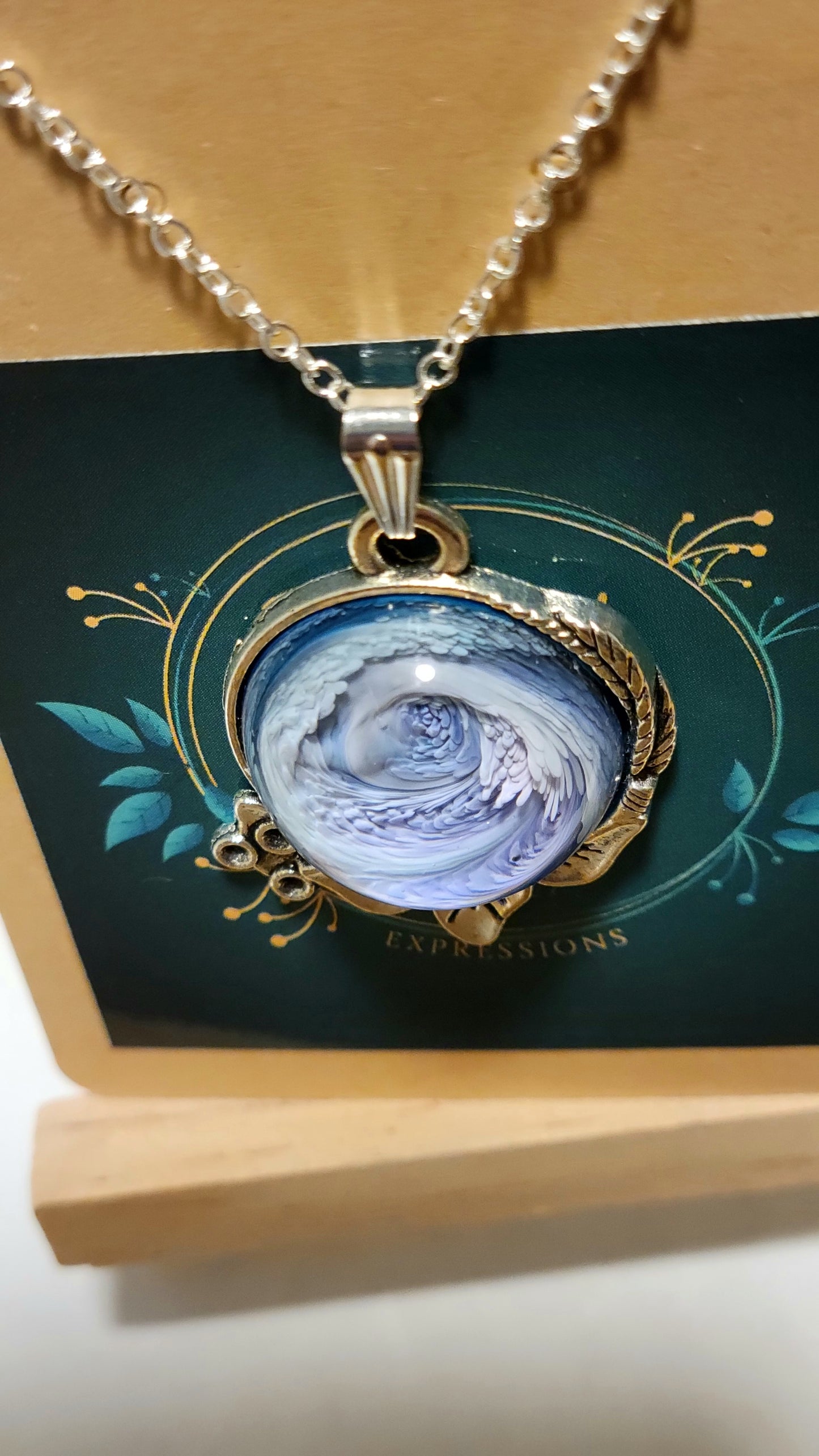 Handmade Resin Art Pendant with 18 inch silver plated necklace chain.