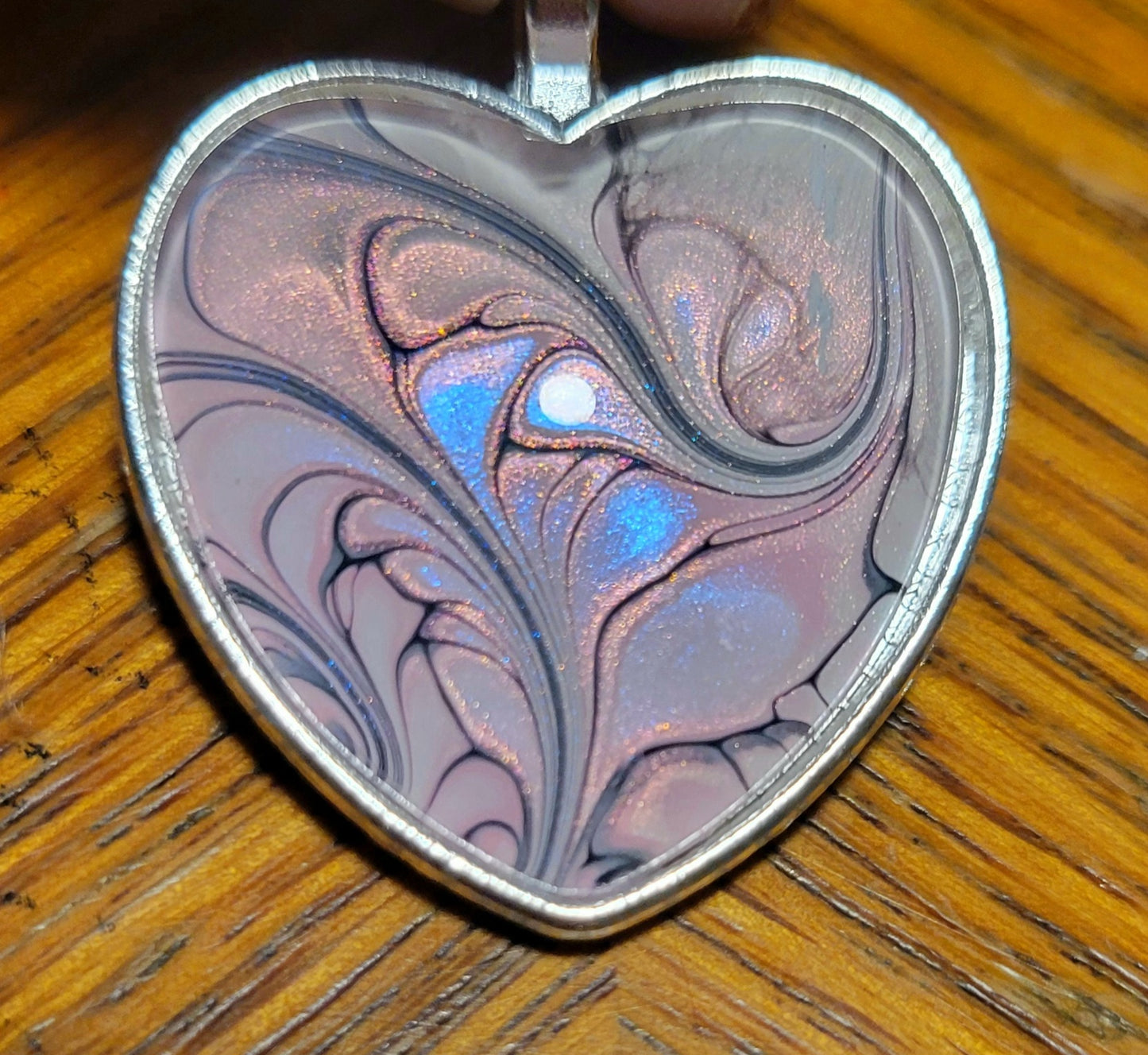 Handmade Fluid Art Heart Pendant with 20 inch Silver chain