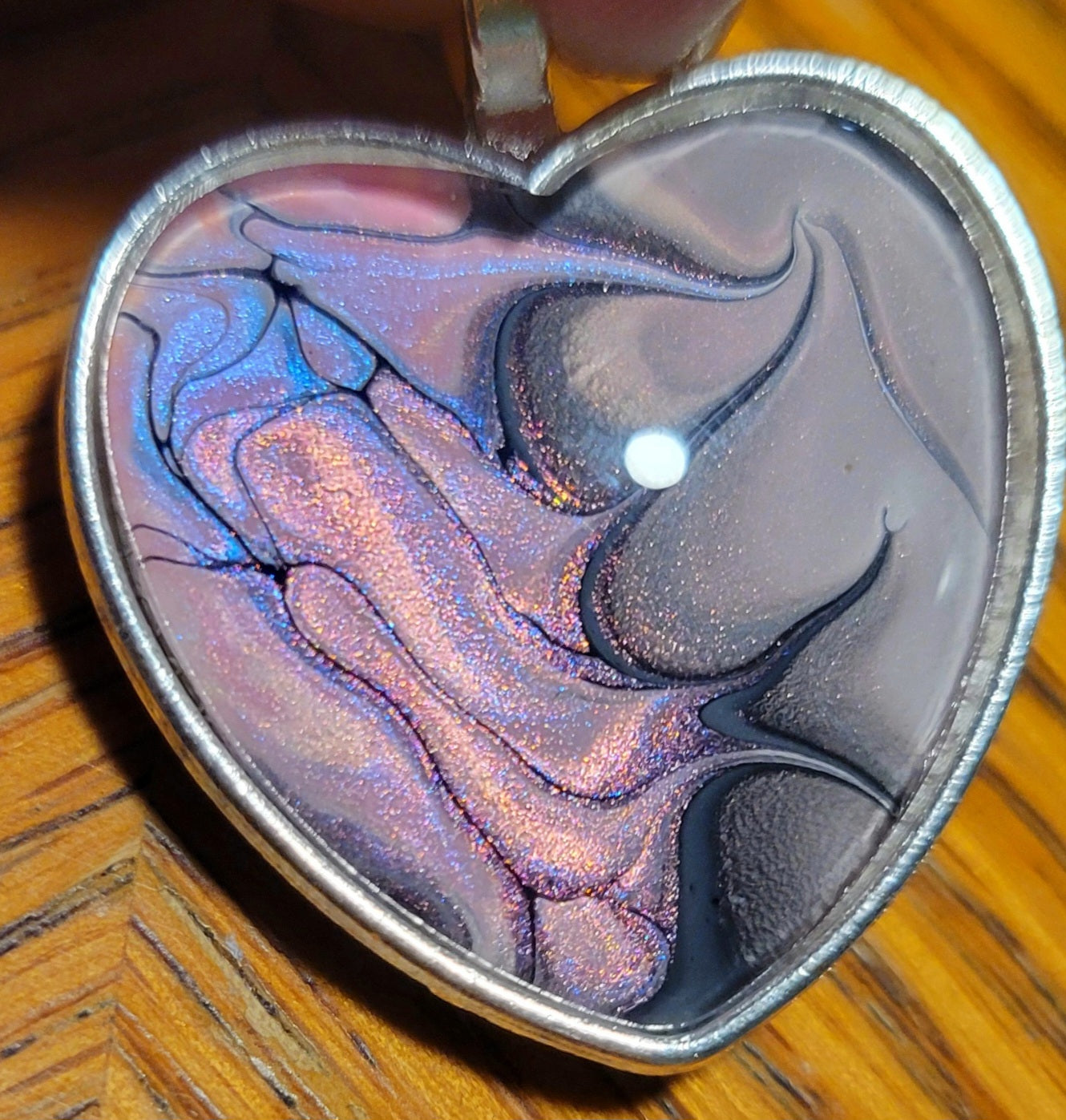 Handmade Fluid Art Heart Pendant with 20 inch Silver chain