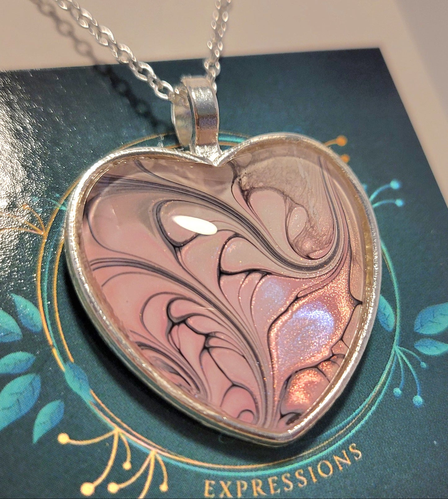 Handmade Fluid Art Heart Pendant with 20 inch Silver chain