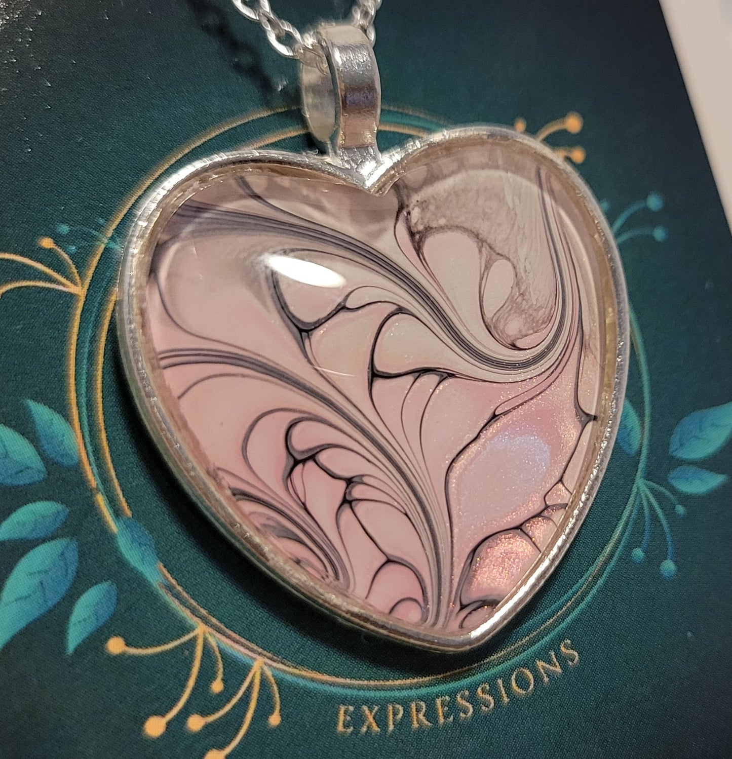 Handmade Fluid Art Heart Pendant with 20 inch Silver chain