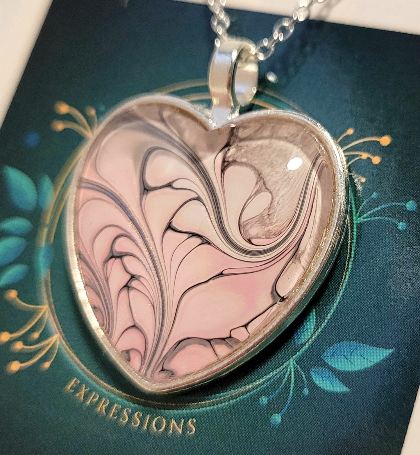 Handmade Fluid Art Heart Pendant with 20 inch Silver chain