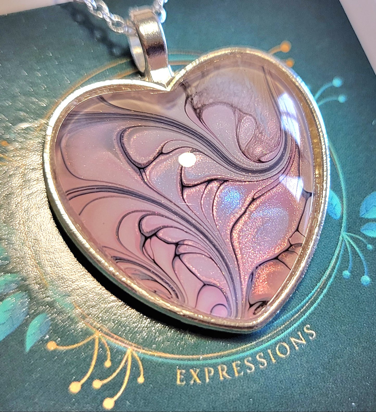 Handmade Fluid Art Heart Pendant with 20 inch Silver chain