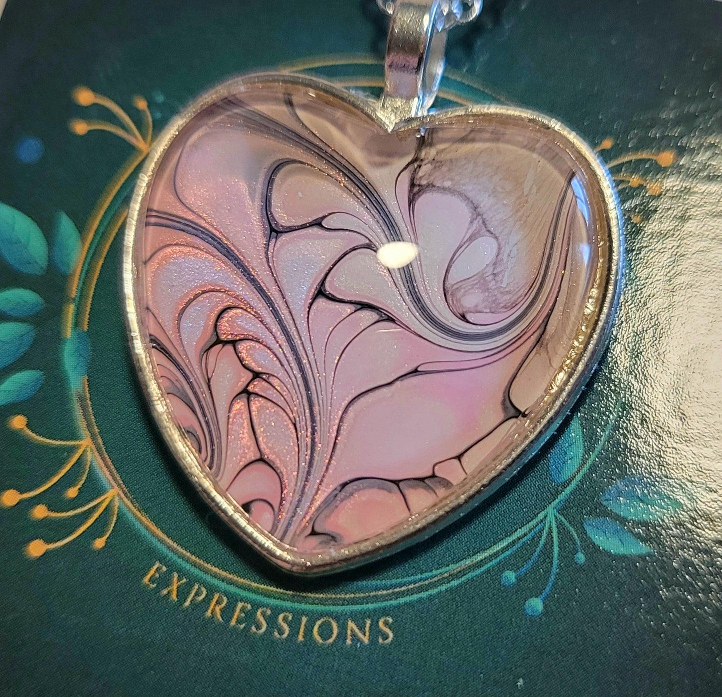 Handmade Fluid Art Heart Pendant with 20 inch Silver chain