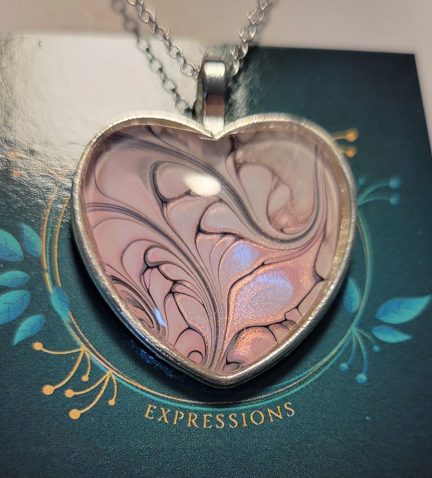 Handmade Fluid Art Heart Pendant with 20 inch Silver chain