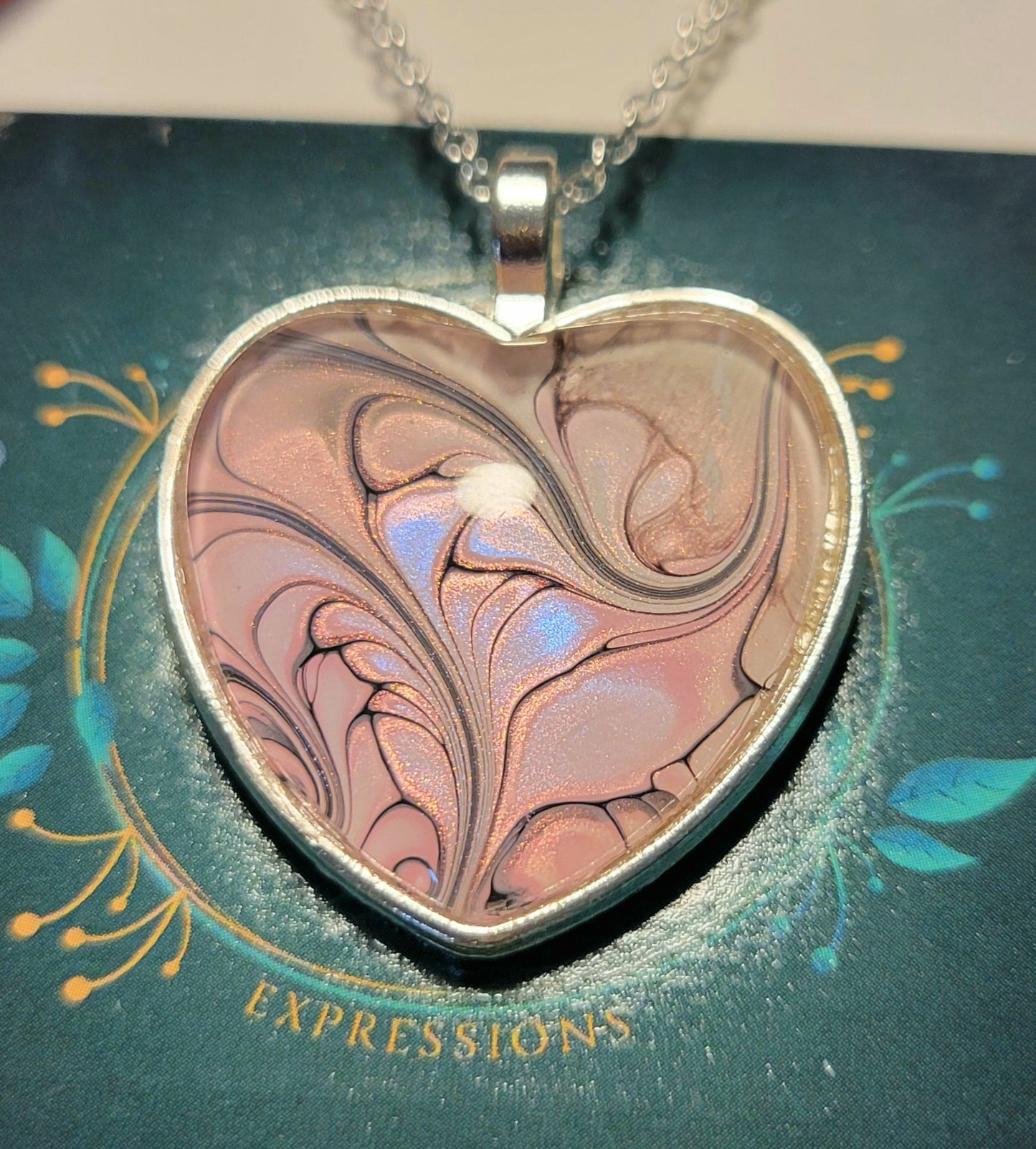 Handmade Fluid Art Heart Pendant with 20 inch Silver chain