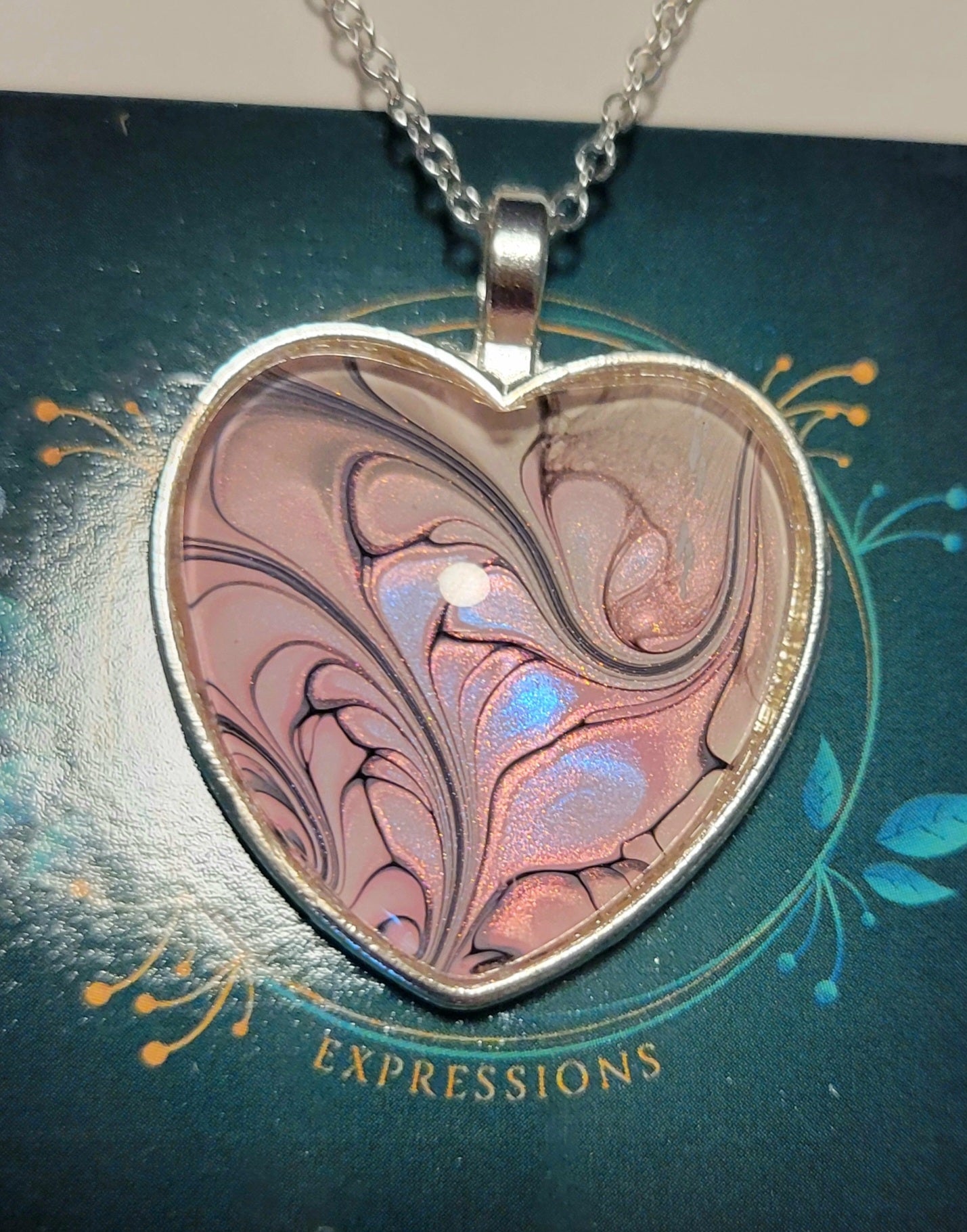 Handmade Fluid Art Heart Pendant with 20 inch Silver chain