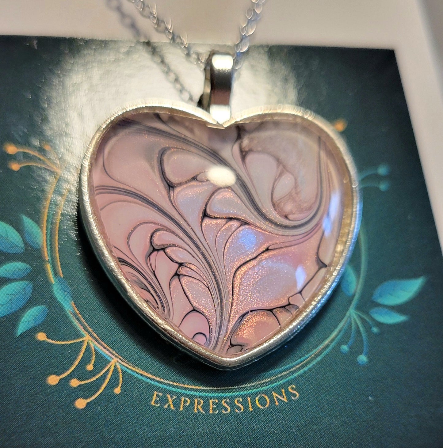 Handmade Fluid Art Heart Pendant with 20 inch Silver chain