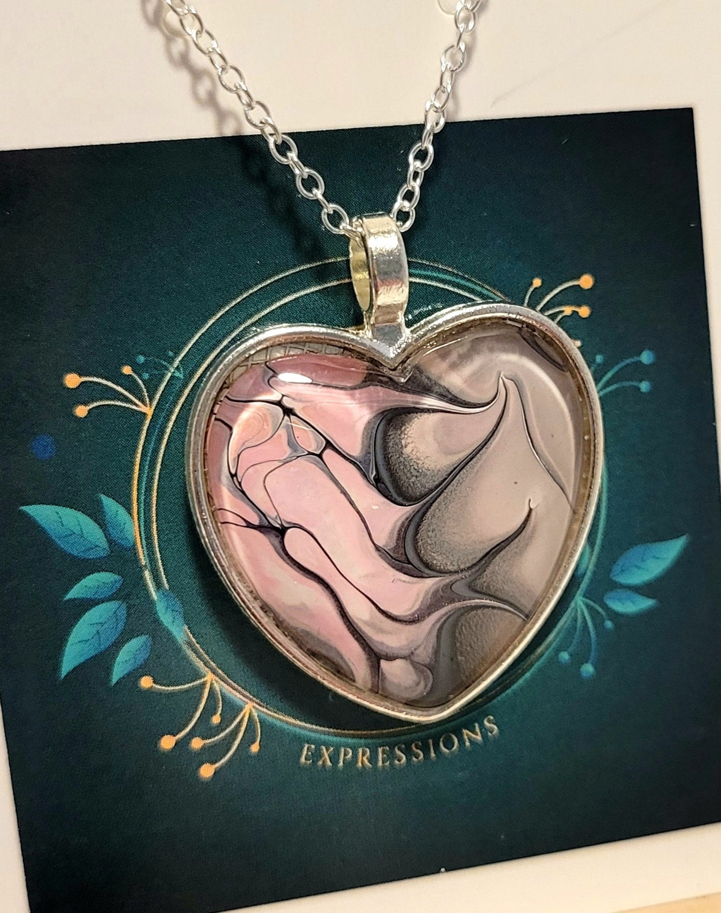 Handmade Fluid Art Heart Pendant with 20 inch Silver chain