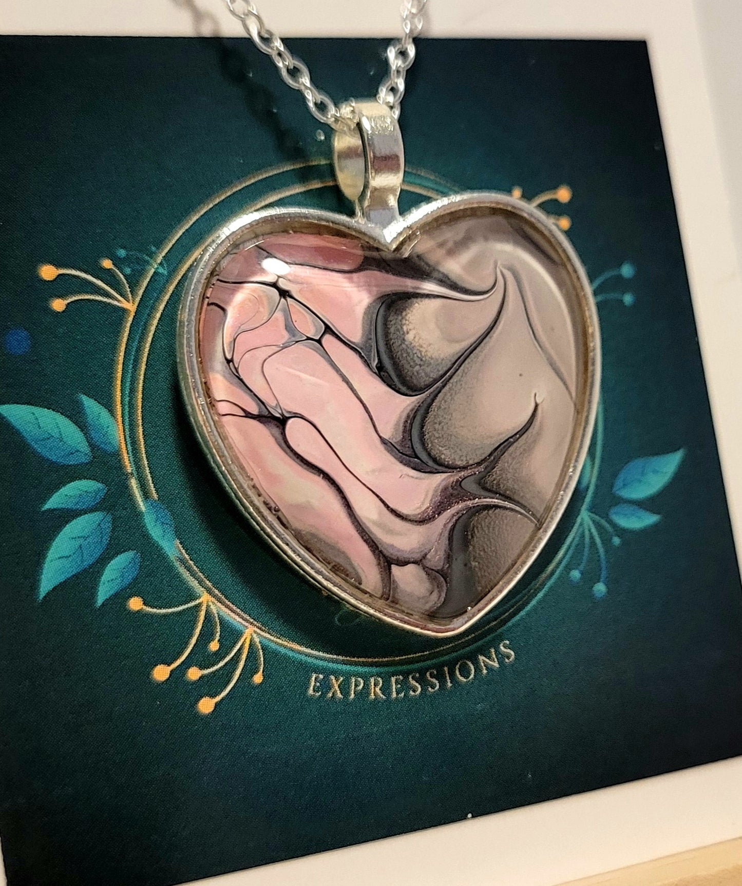 Handmade Fluid Art Heart Pendant with 20 inch Silver chain