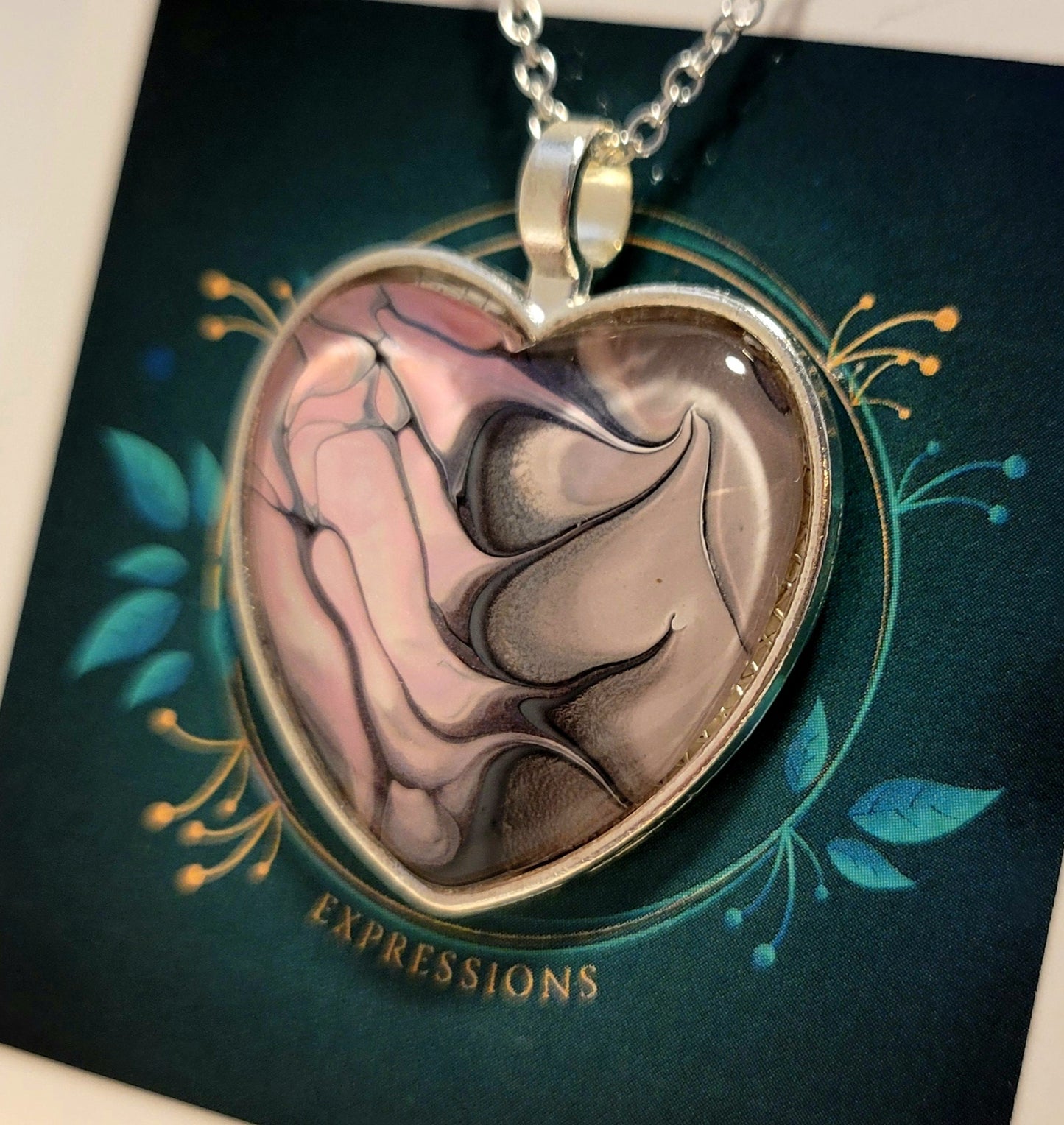 Handmade Fluid Art Heart Pendant with 20 inch Silver chain