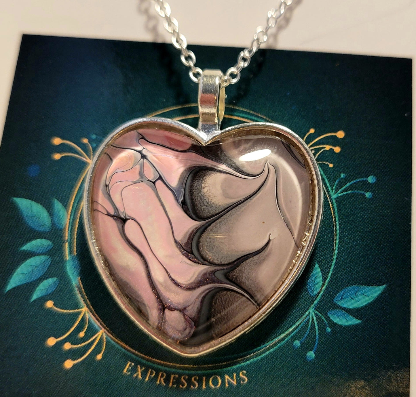 Handmade Fluid Art Heart Pendant with 20 inch Silver chain