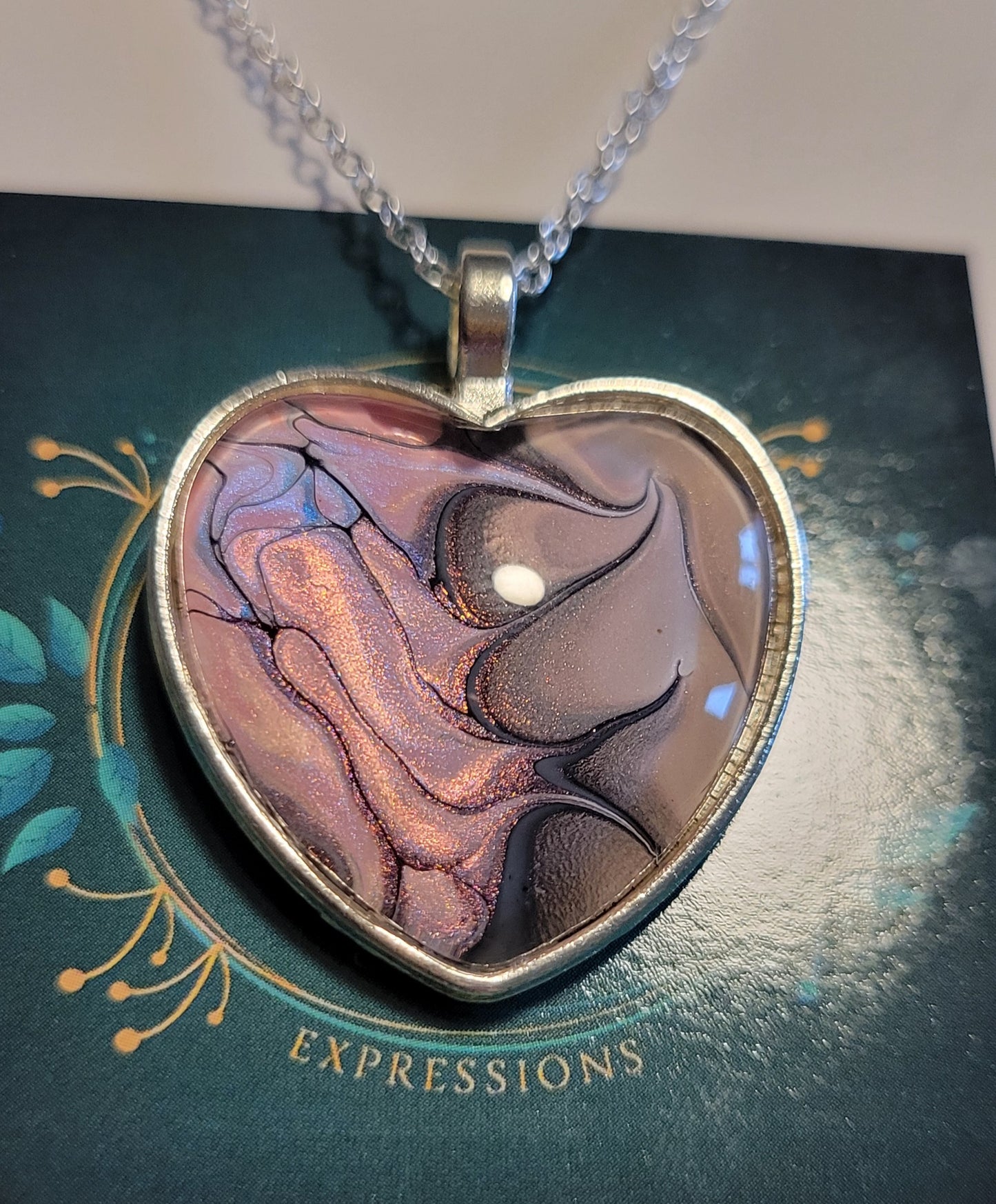 Handmade Fluid Art Heart Pendant with 20 inch Silver chain