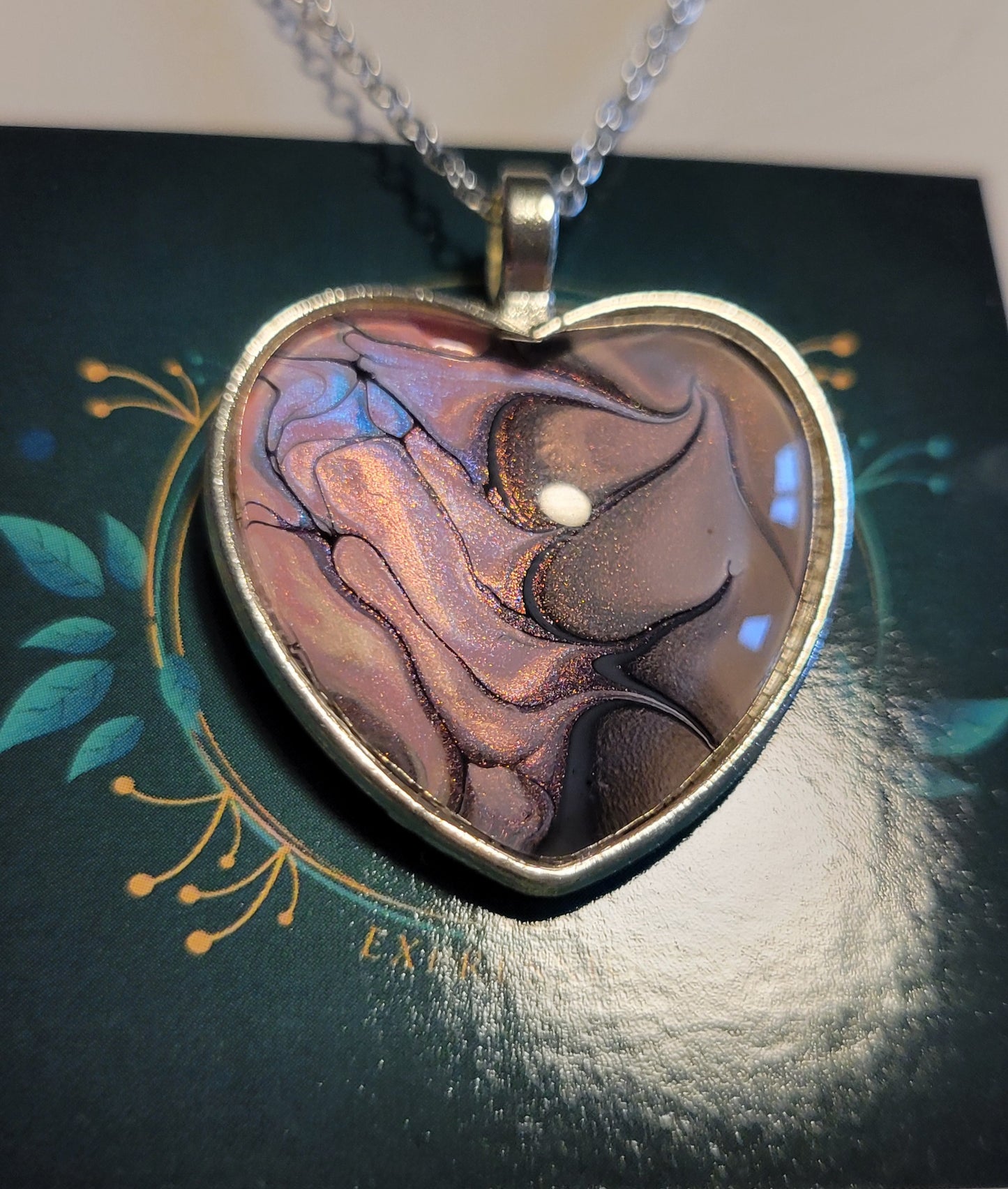 Handmade Fluid Art Heart Pendant with 20 inch Silver chain