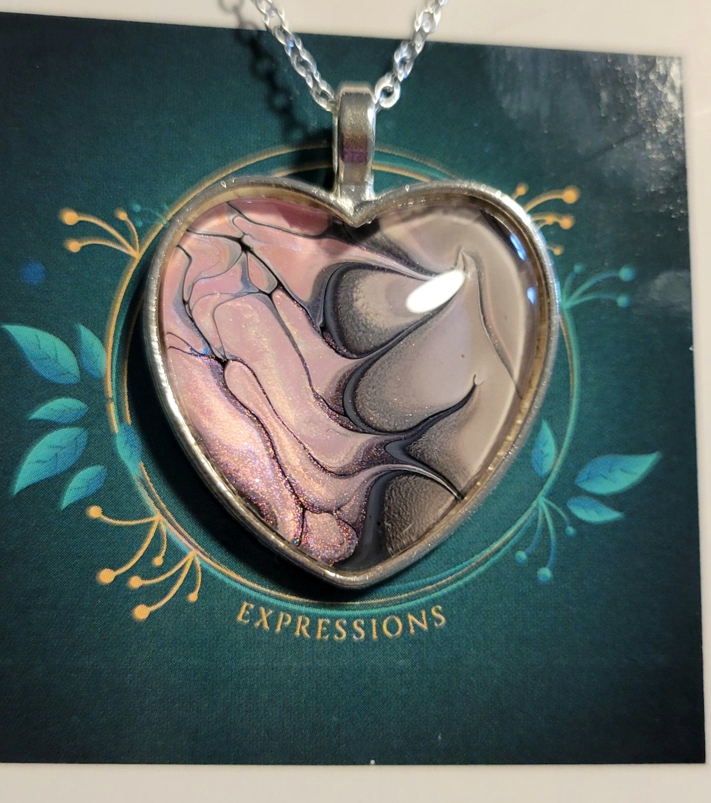 Handmade Fluid Art Heart Pendant with 20 inch Silver chain