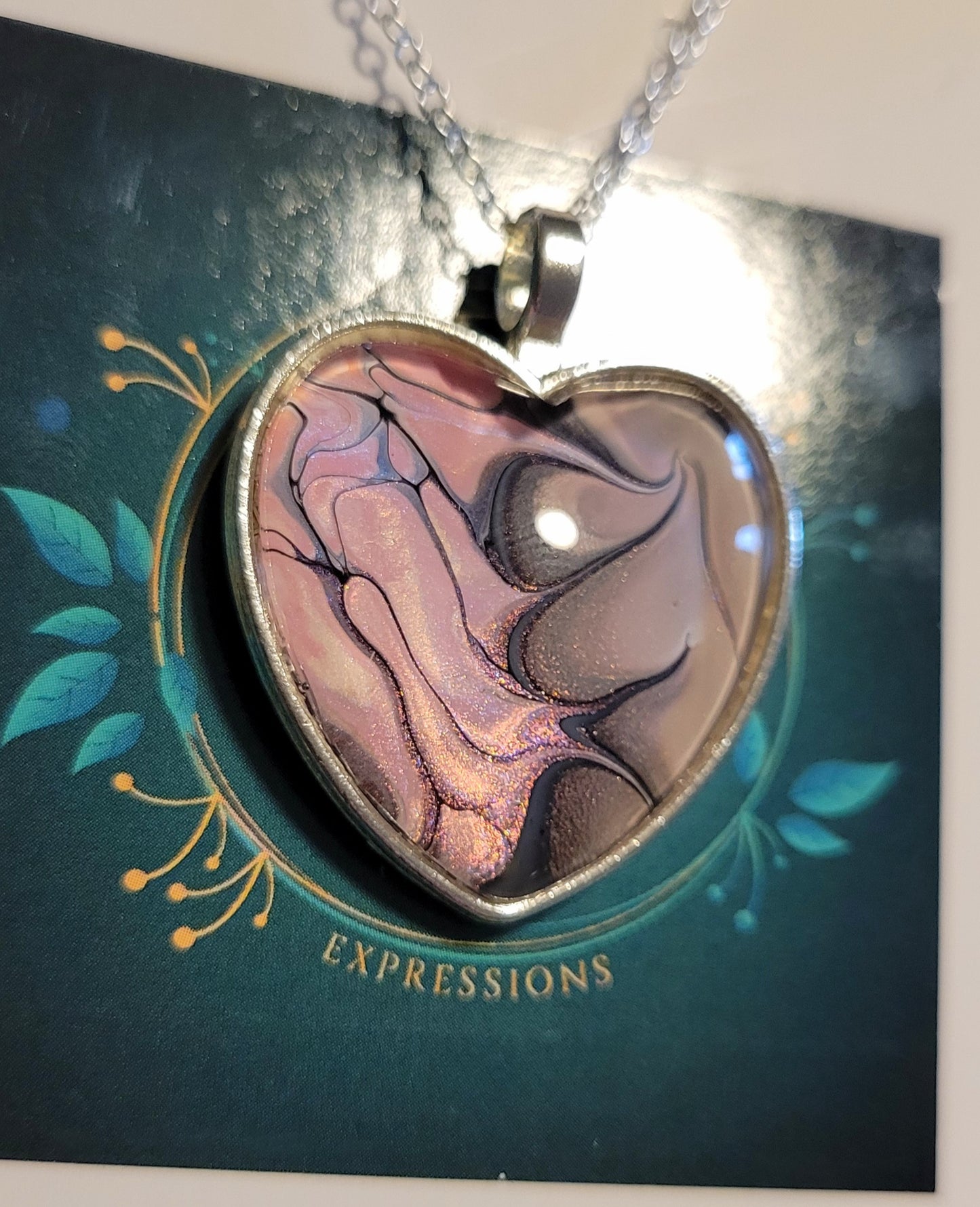 Handmade Fluid Art Heart Pendant with 20 inch Silver chain