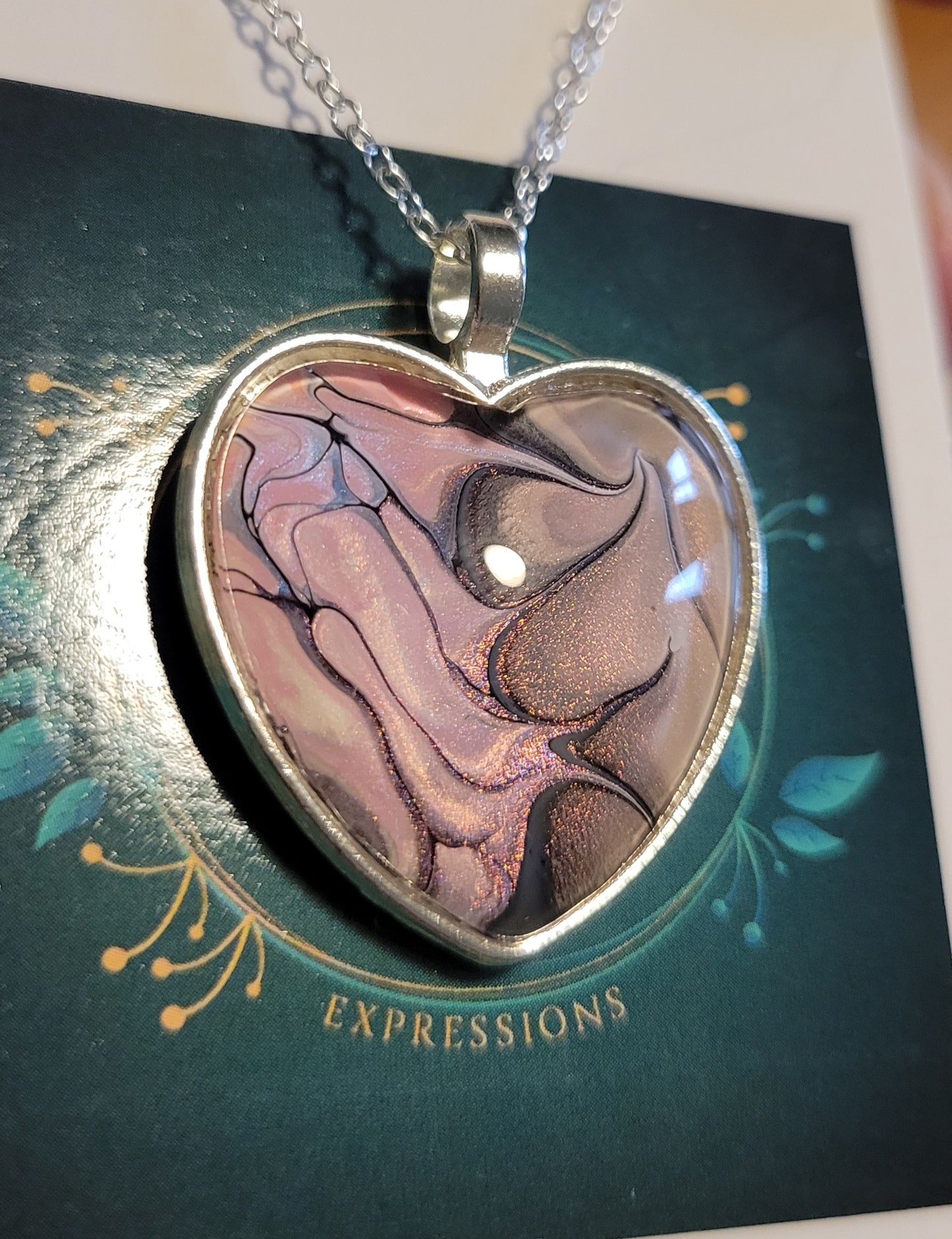 Handmade Fluid Art Heart Pendant with 20 inch Silver chain