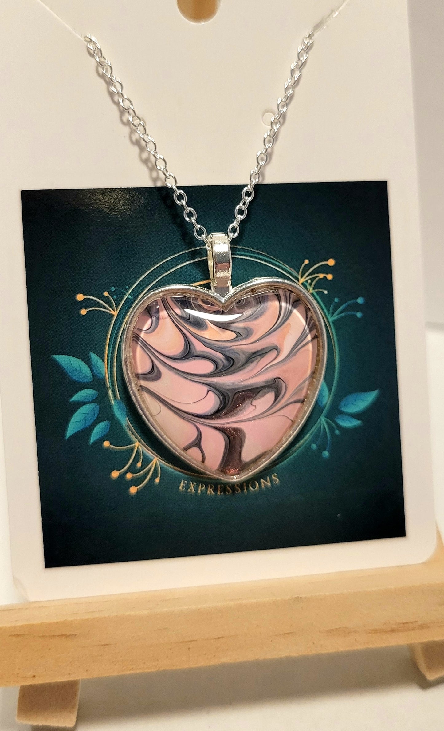 Handmade Fluid Art Heart Pendant with 20 inch Silver chain