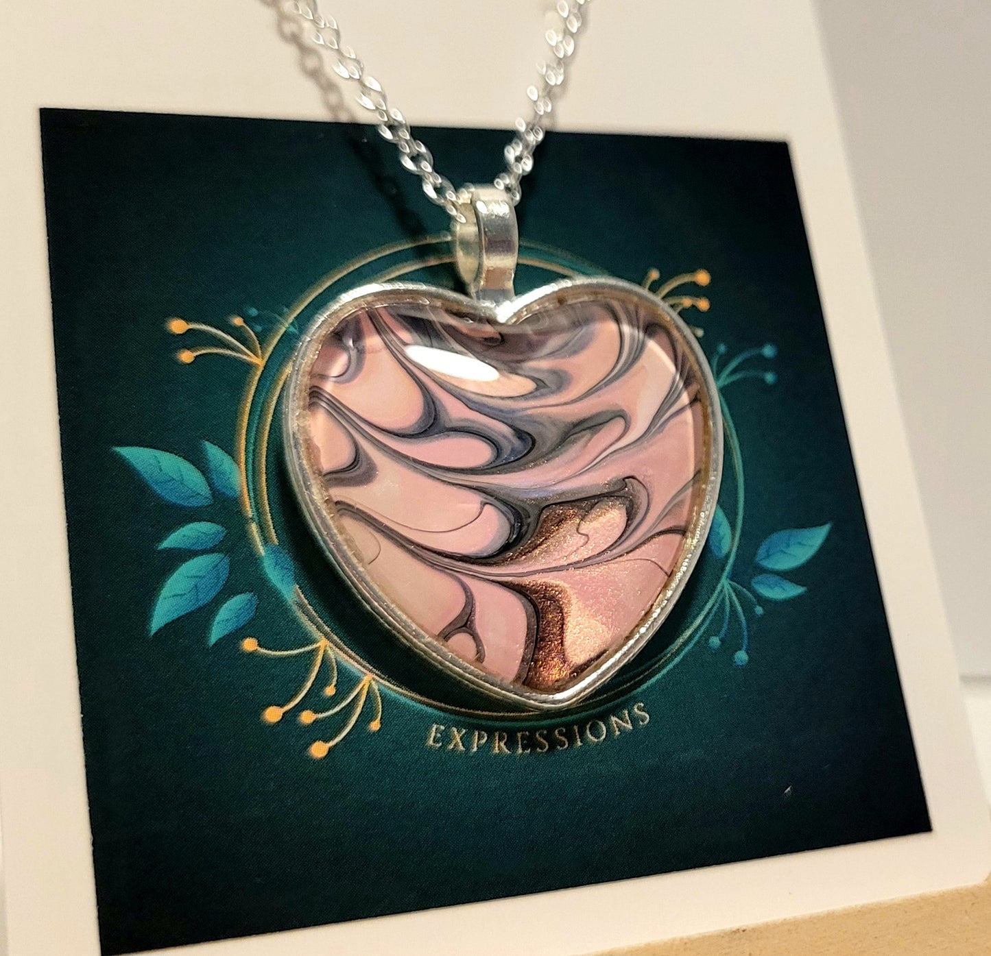 Handmade Fluid Art Heart Pendant with 20 inch Silver chain