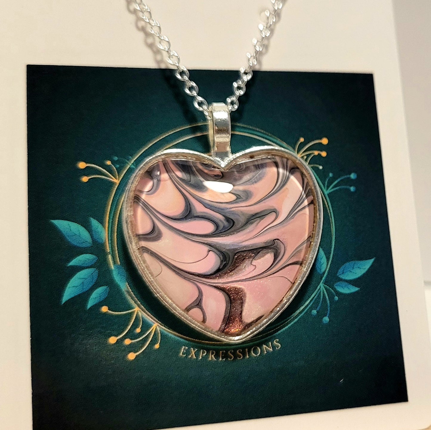 Handmade Fluid Art Heart Pendant with 20 inch Silver chain