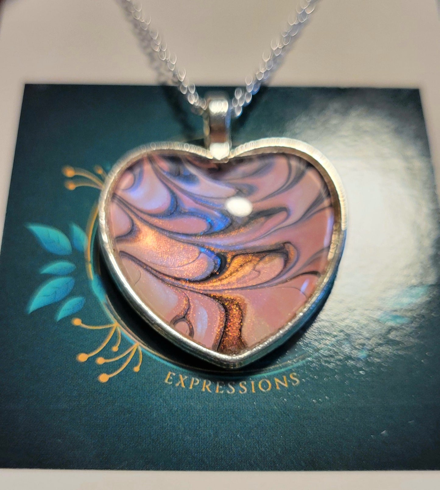 Handmade Fluid Art Heart Pendant with 20 inch Silver chain