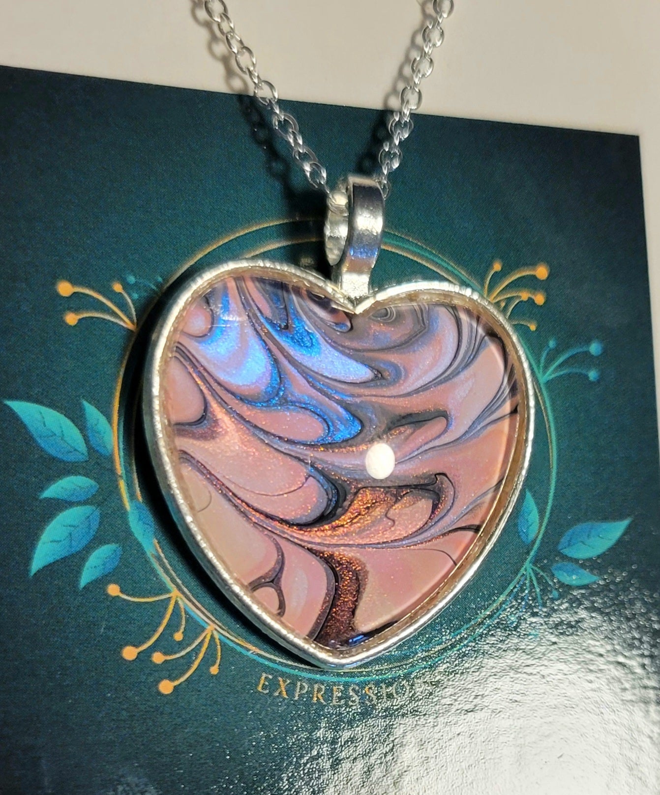 Handmade Fluid Art Heart Pendant with 20 inch Silver chain