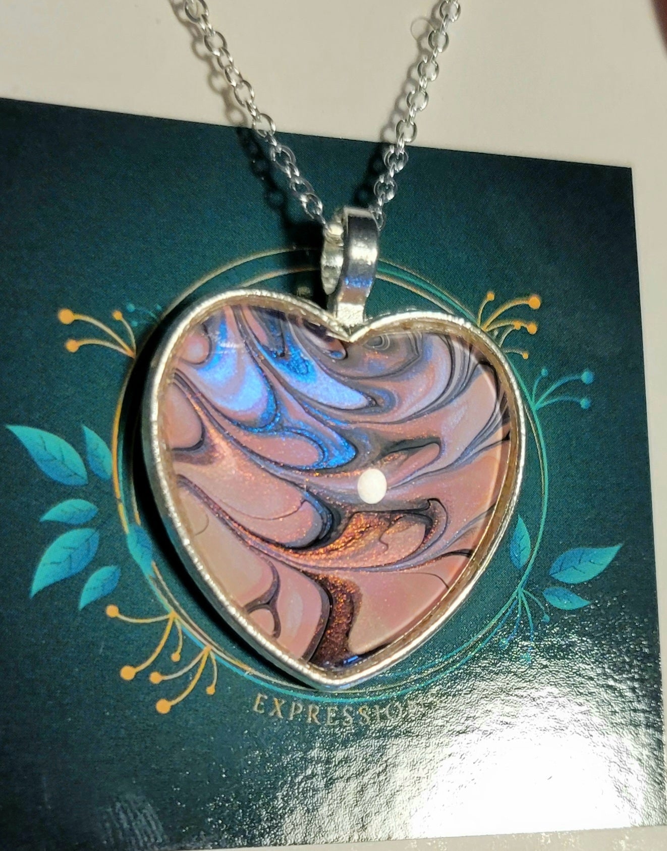 Handmade Fluid Art Heart Pendant with 20 inch Silver chain