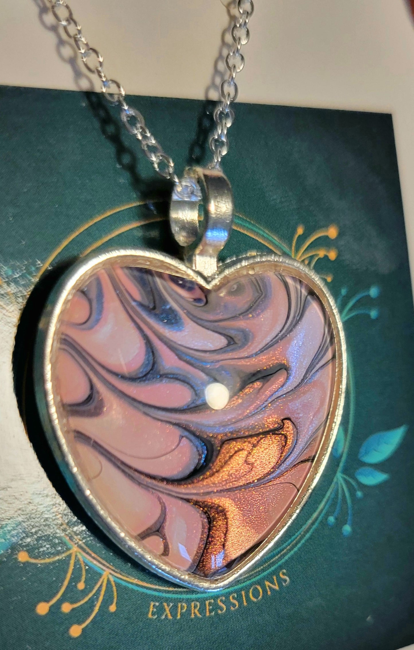 Handmade Fluid Art Heart Pendant with 20 inch Silver chain