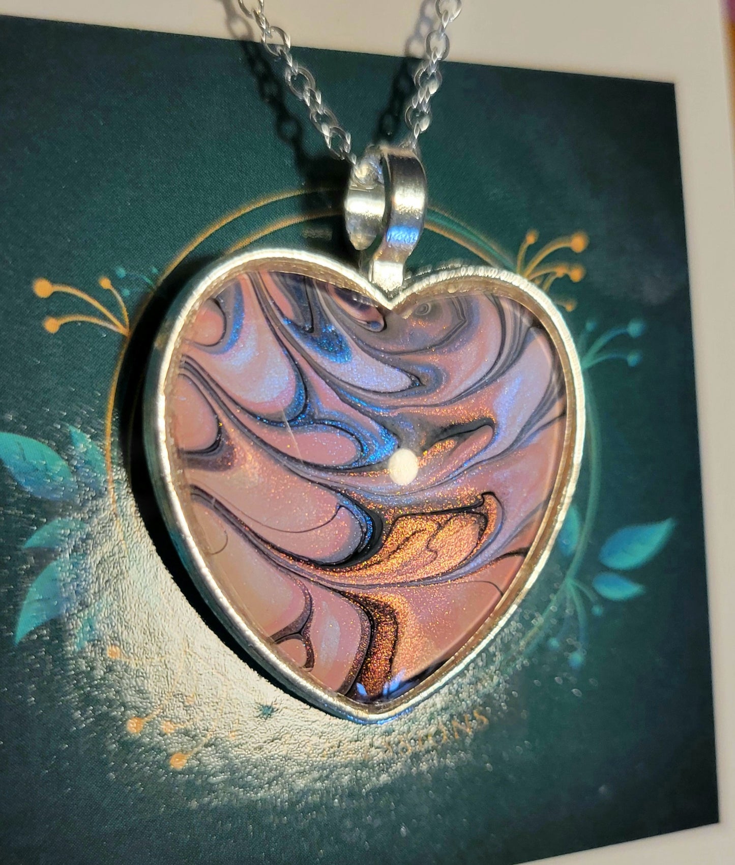 Handmade Fluid Art Heart Pendant with 20 inch Silver chain