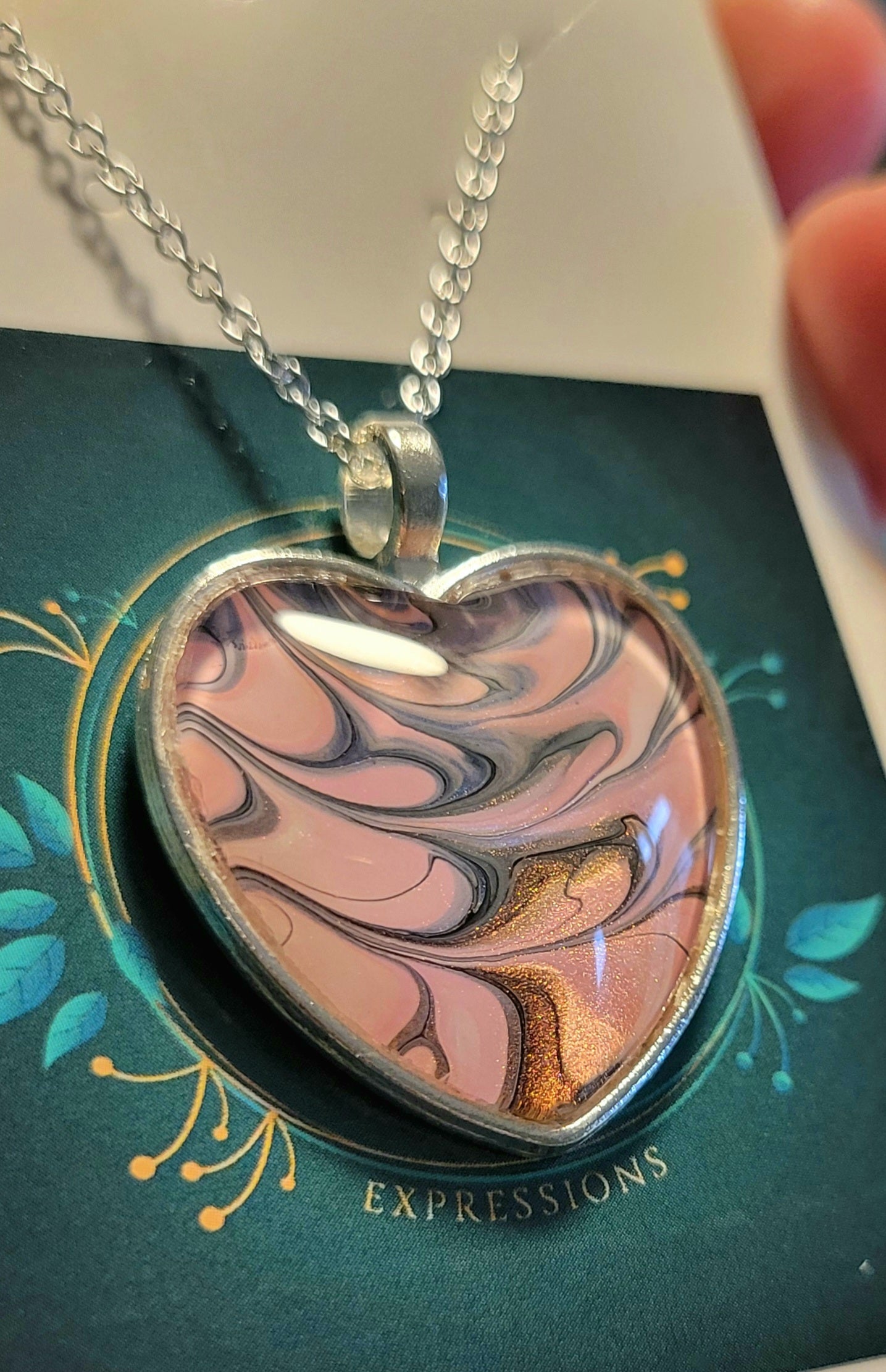 Handmade Fluid Art Heart Pendant with 20 inch Silver chain