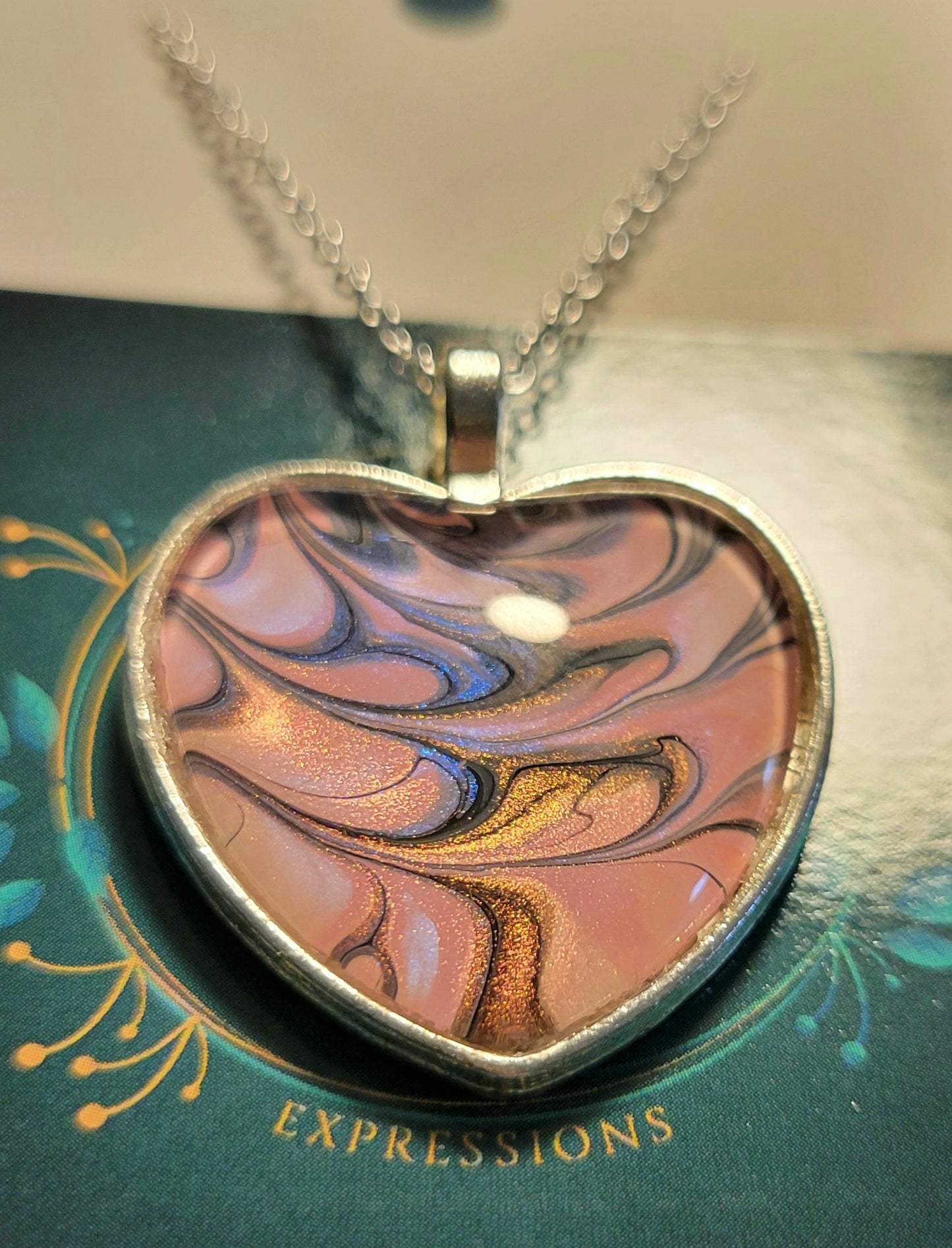 Handmade Fluid Art Heart Pendant with 20 inch Silver chain