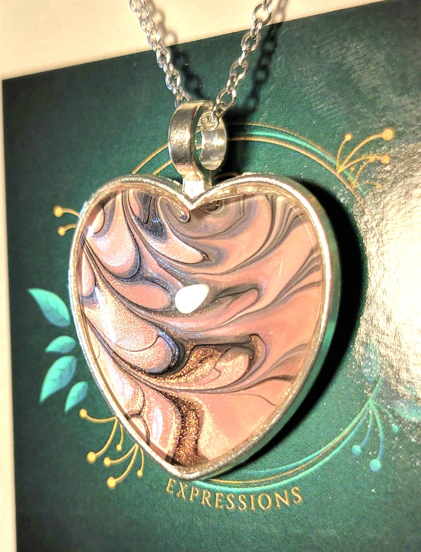 Handmade Fluid Art Heart Pendant with 20 inch Silver chain