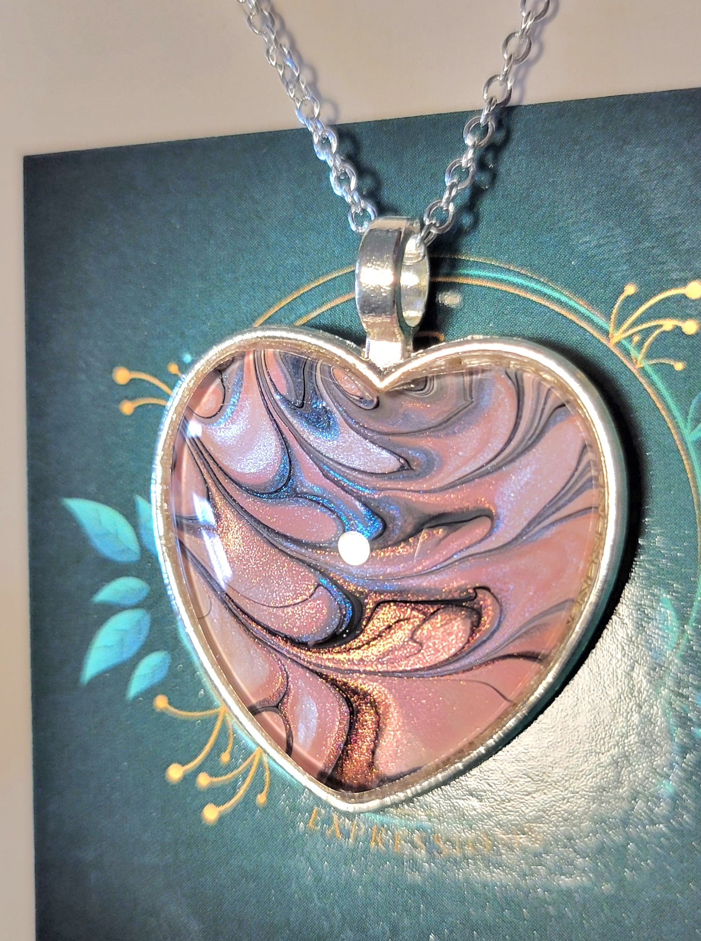 Handmade Fluid Art Heart Pendant with 20 inch Silver chain