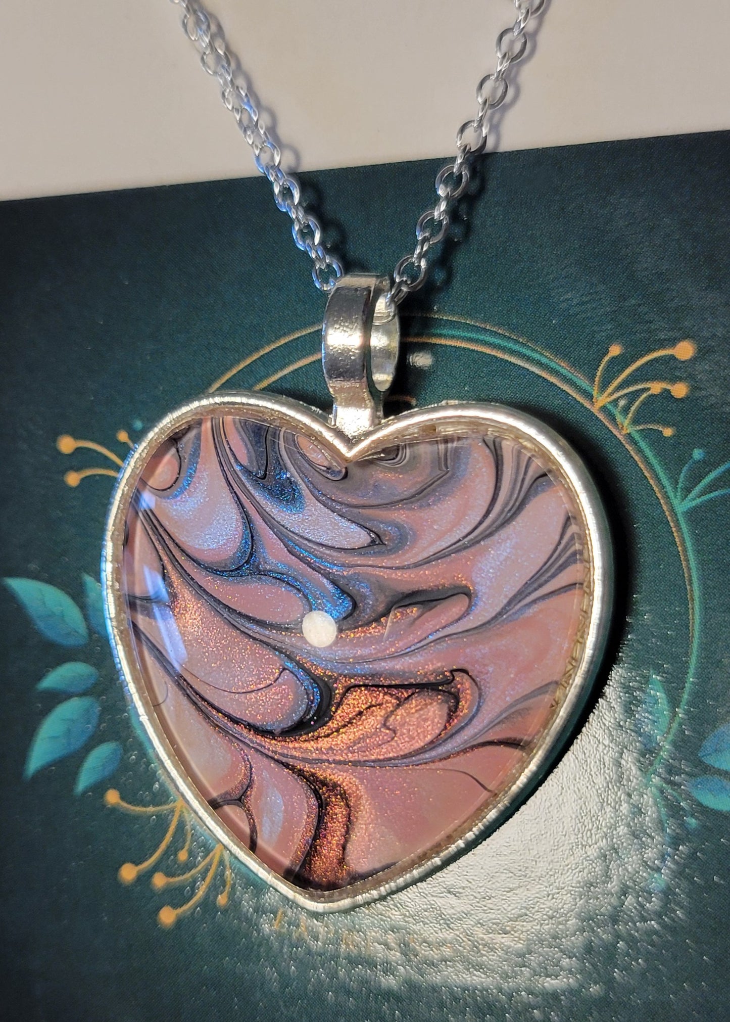 Handmade Fluid Art Heart Pendant with 20 inch Silver chain