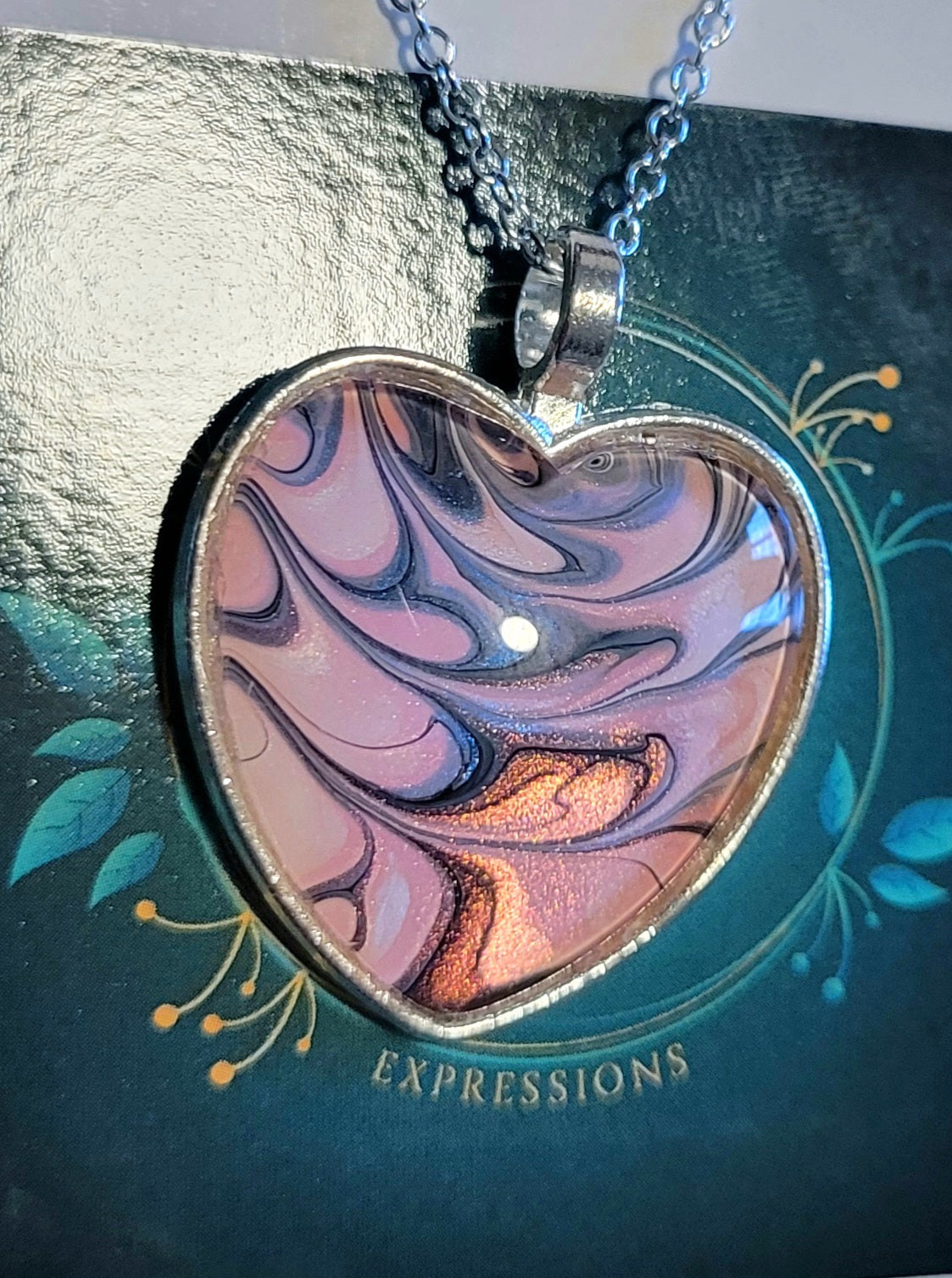 Handmade Fluid Art Heart Pendant with 20 inch Silver chain