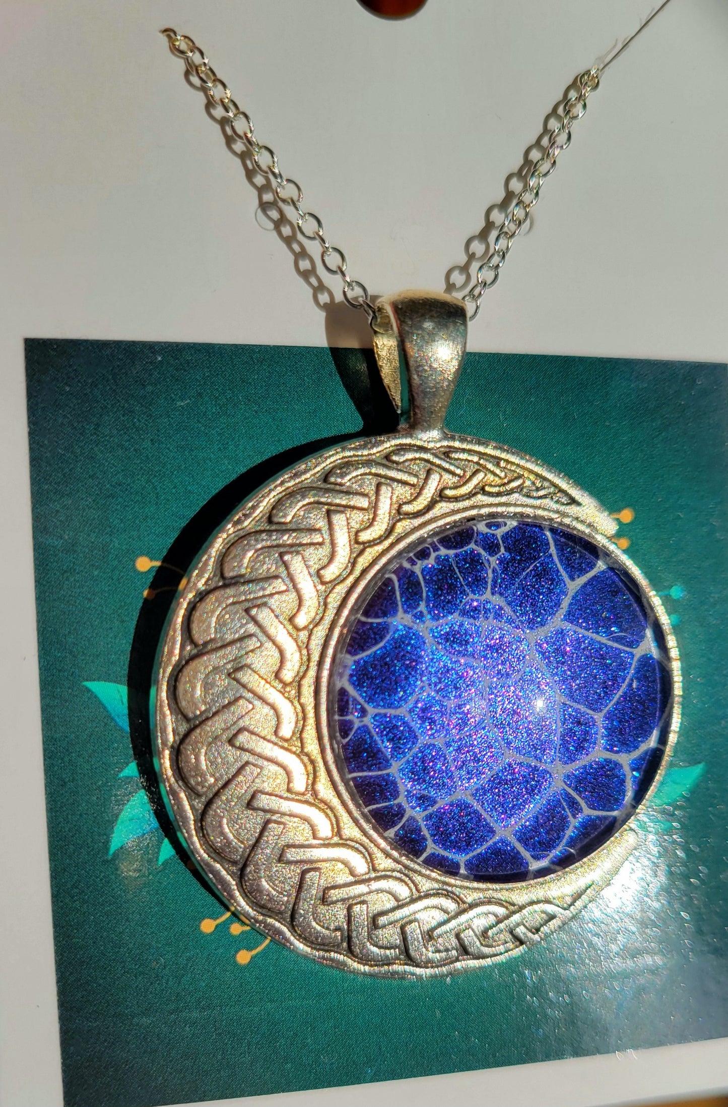 Handmade Fluid Art Colorshifting Crescent Moon Pendant with 20 inch silver plated necklace chain