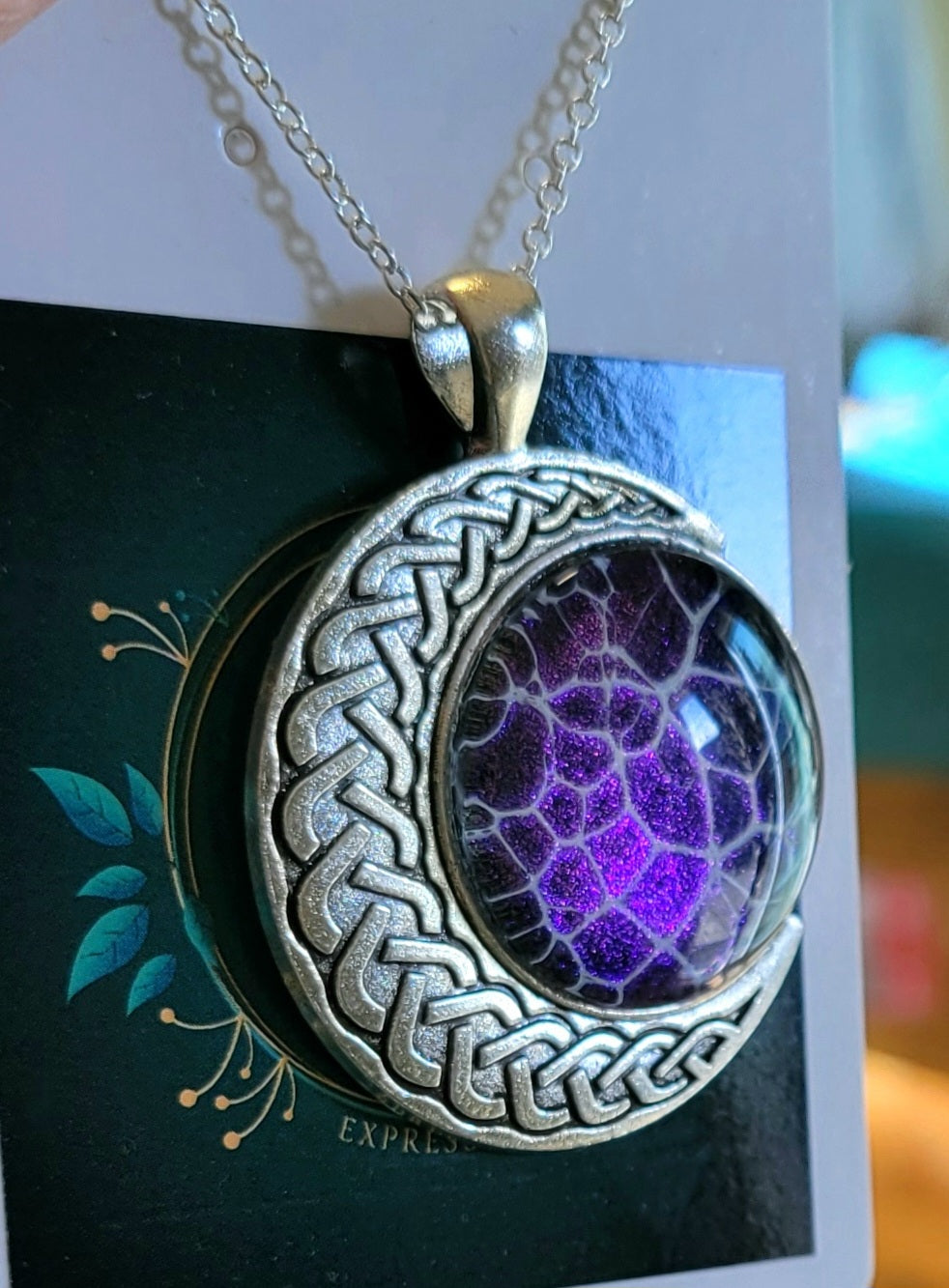 Handmade Fluid Art Colorshifting Crescent Moon Pendant with 20 inch silver plated necklace chain