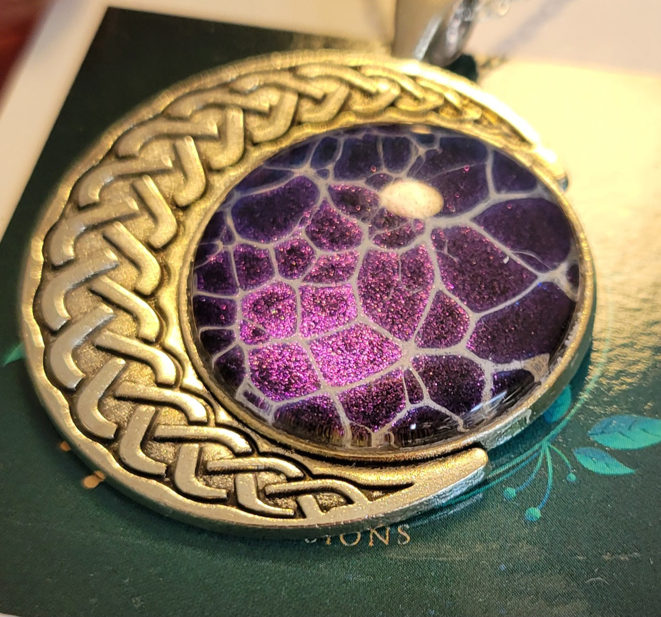 Handmade Fluid Art Colorshifting Crescent Moon Pendant with 20 inch silver plated necklace chain