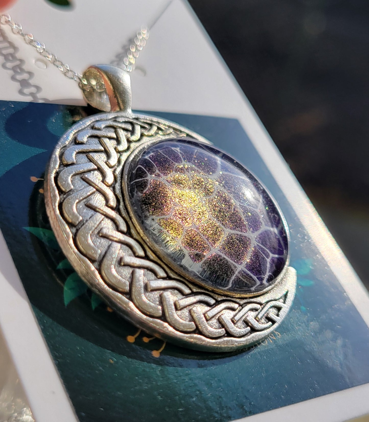 Handmade Fluid Art Colorshifting Crescent Moon Pendant with 20 inch silver plated necklace chain